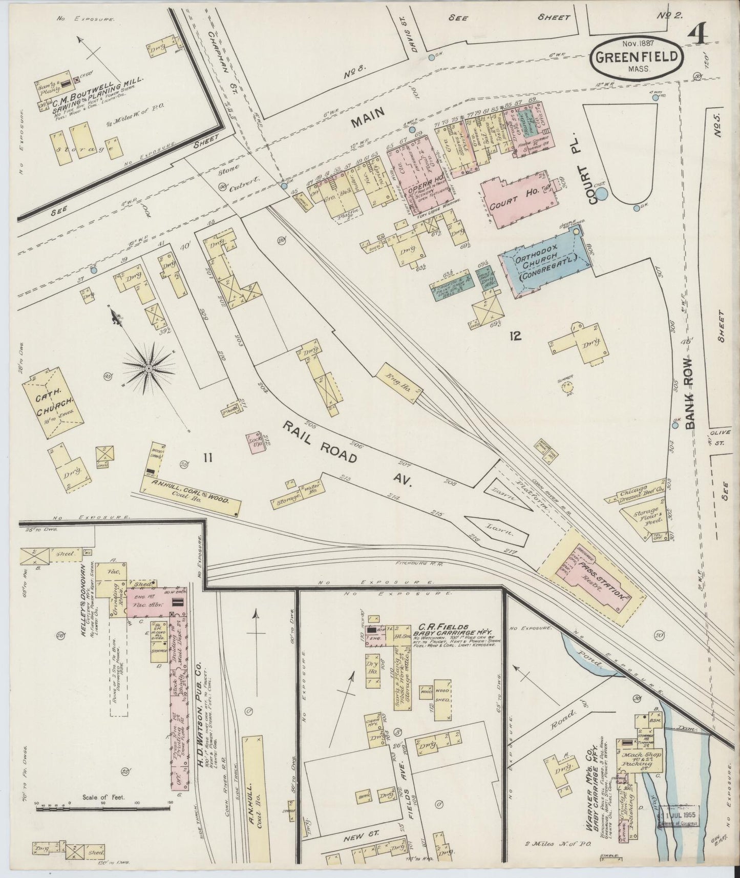 Sanborn Fire Insurance Map from Greenfield, Franklin County, Massachusetts (1887), Sheet #0004 - Complete Map Set gallery image, historic Sanborn map, vintage wall art, Massachusetts Massachusetts