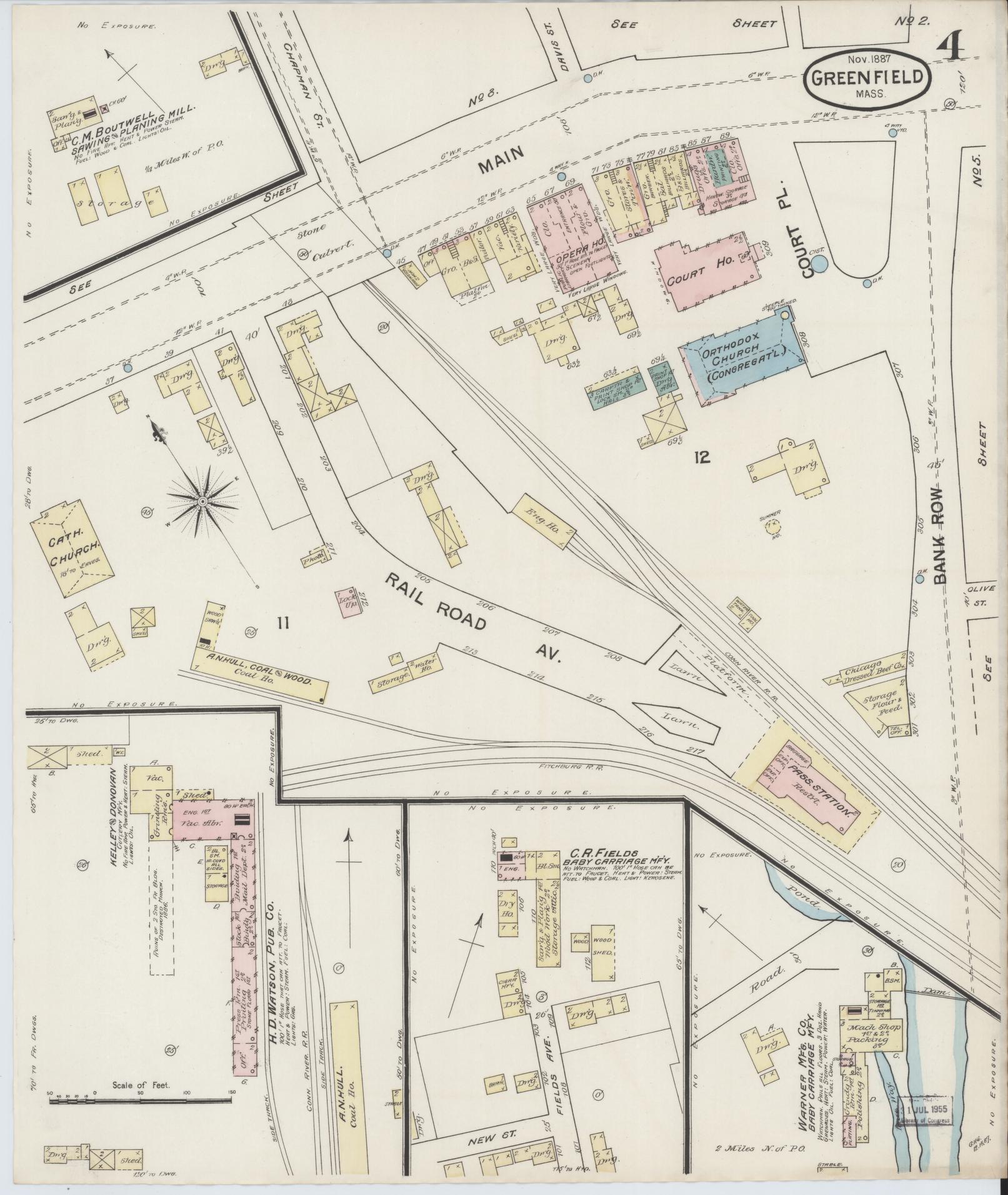 Sanborn Fire Insurance Map from Greenfield, Franklin County, Massachusetts (1887), Sheet #0004 - Complete Map Set gallery image, historic Sanborn map, vintage wall art, Massachusetts Massachusetts
