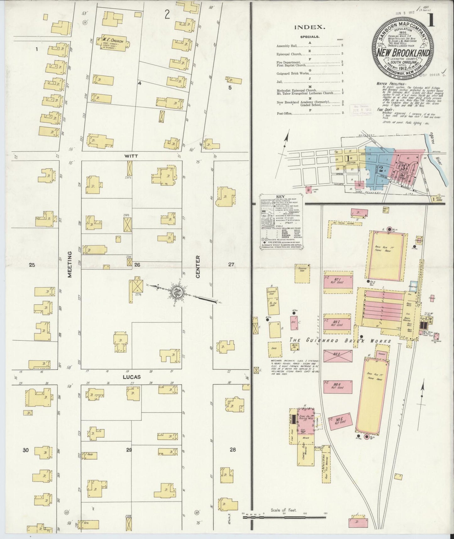 Sanborn Fire Insurance Map from New Brookland, Lexington County, South Carolina (1912), Sheet #0001 - Complete Map Set gallery image, historic Sanborn map, vintage wall art, South Carolina South Carolina