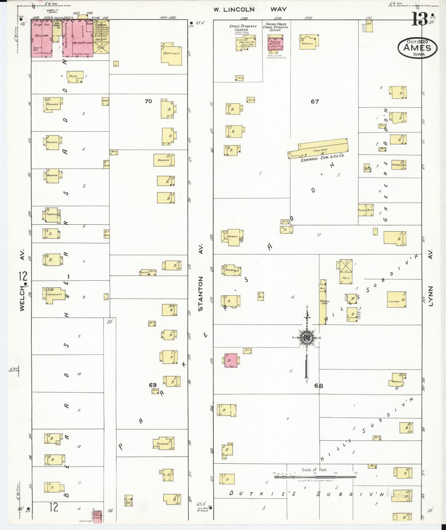 Sanborn Fire Insurance Map from Ames, Story County, Iowa (1920), Sheet #0013 - Historic Sanborn Fire Insurance Map Print, vintage old map wall art