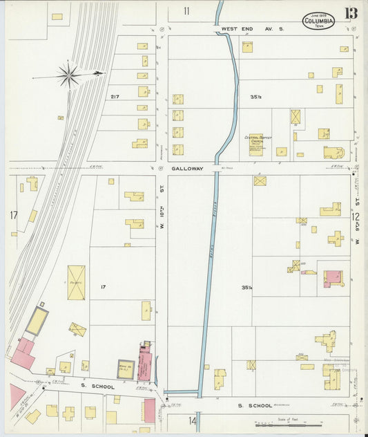 Sanborn Fire Insurance Map from Columbia, Maury County, Tennessee (1909), Sheet #0013 - Historic Sanborn Fire Insurance Map Print, vintage old map wall art, antique decor, genealogy gift, Tennessee Tennessee map