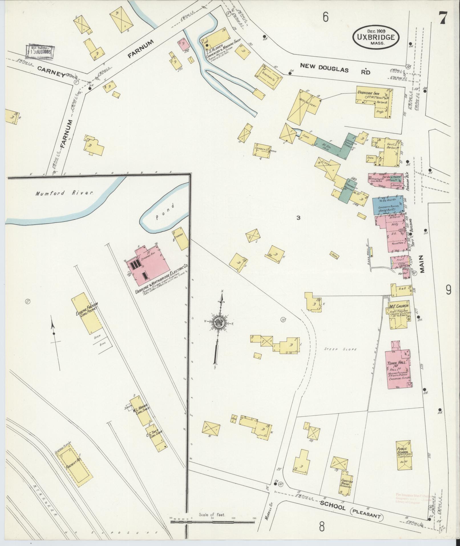 Sanborn Fire Insurance Map from Uxbridge, Worcester County, Massachusetts (1909), Sheet #0007 - Complete Map Set gallery image, historic Sanborn map, vintage wall art, Massachusetts Massachusetts