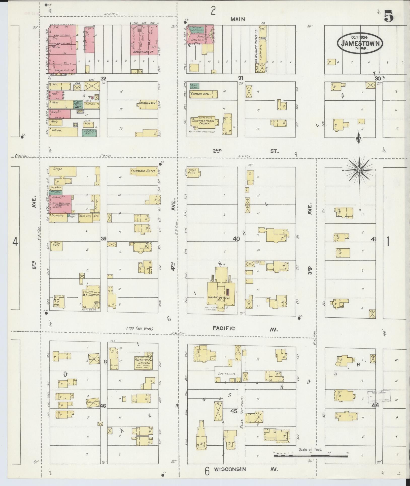 Sanborn Fire Insurance Map from Jamestown, Stutsman County, North Dakota (1904), Sheet #0005 - Historic Sanborn Fire Insurance Map Print, vintage old map wall art, antique decor, genealogy gift, North Dakota North Dakota map