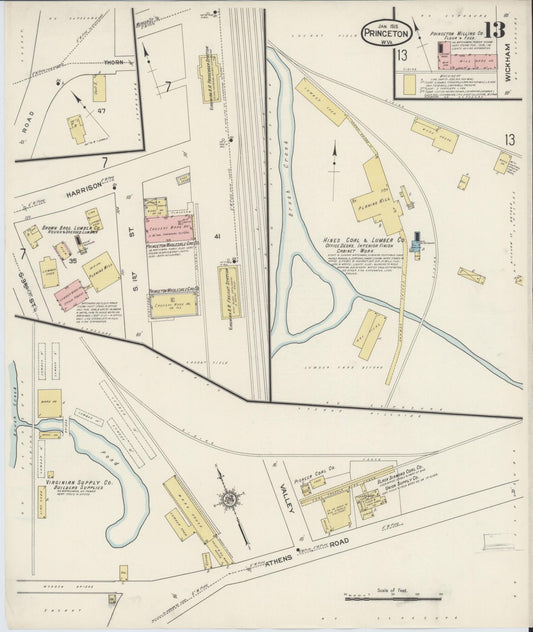 Sanborn Fire Insurance Map from Princeton, Mercer County, West Virginia (1915), Sheet #0013 - Historic Sanborn Fire Insurance Map Print, vintage old map wall art, antique decor, genealogy gift, West Virginia West Virginia map