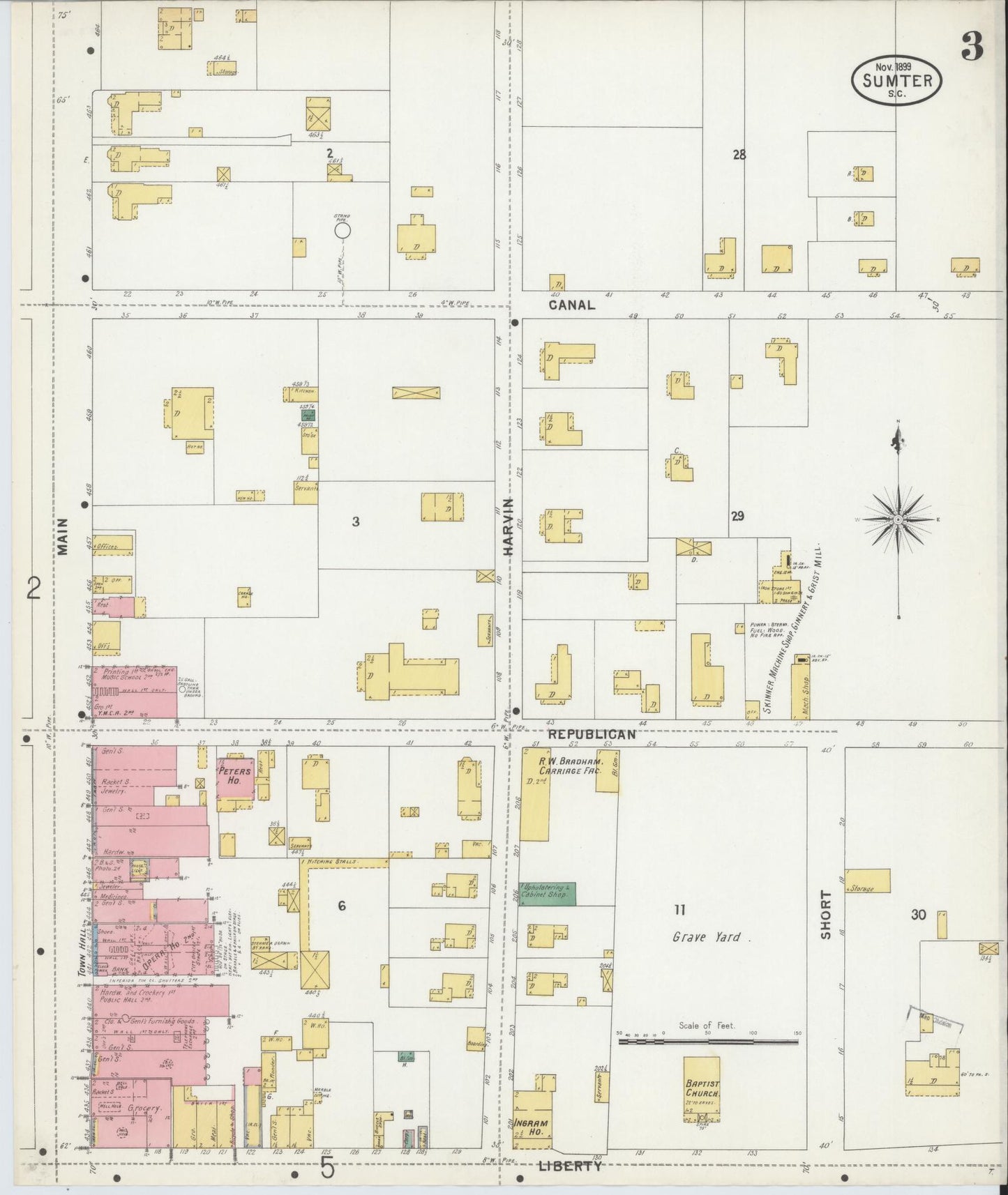Sanborn Fire Insurance Map from Sumter, Sumter County, South Carolina (1899), Sheet #0003 - Historic Sanborn Fire Insurance Map Print, vintage old map wall art, antique decor, genealogy gift, South Carolina South Carolina map