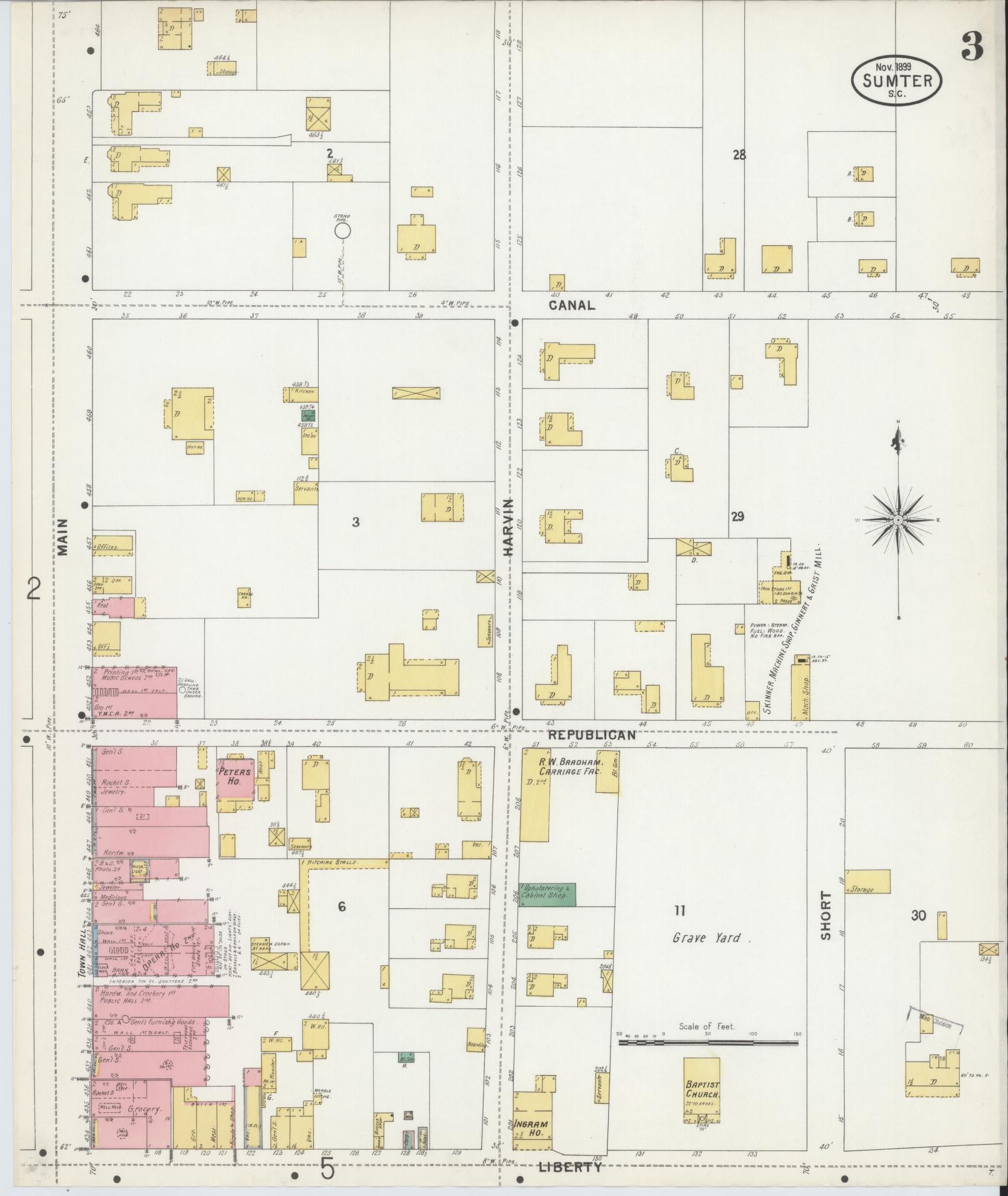 Sanborn Fire Insurance Map from Sumter, Sumter County, South Carolina (1899), Sheet #0003 - Historic Sanborn Fire Insurance Map Print, vintage old map wall art, antique decor, genealogy gift, South Carolina South Carolina map