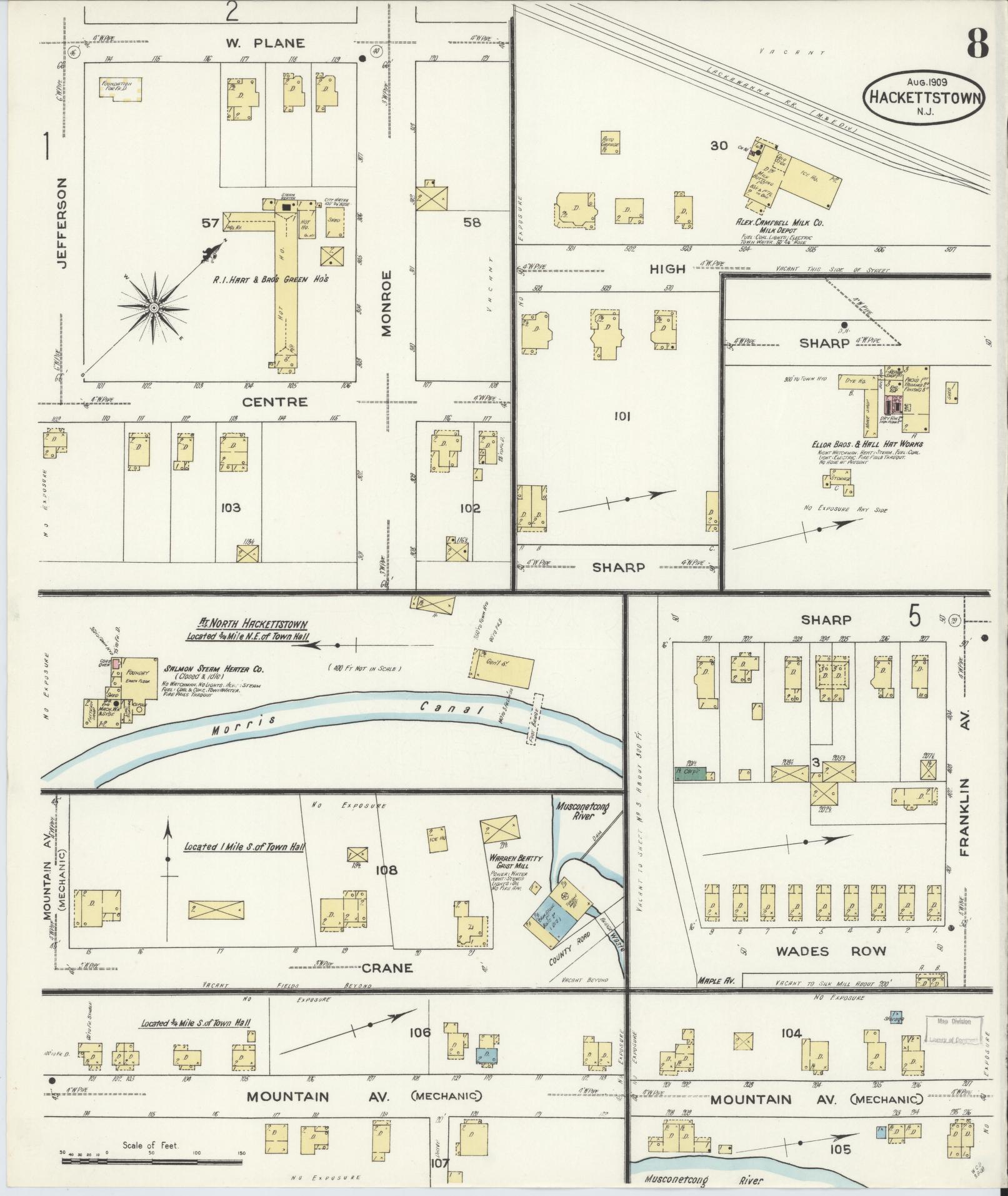 Sanborn Fire Insurance Map from Hackettstown, Warren County, New Jersey (1909), Sheet #0008 - Historic Sanborn Fire Insurance Map Print, vintage old map wall art, antique decor, genealogy gift, New Jersey New Jersey map