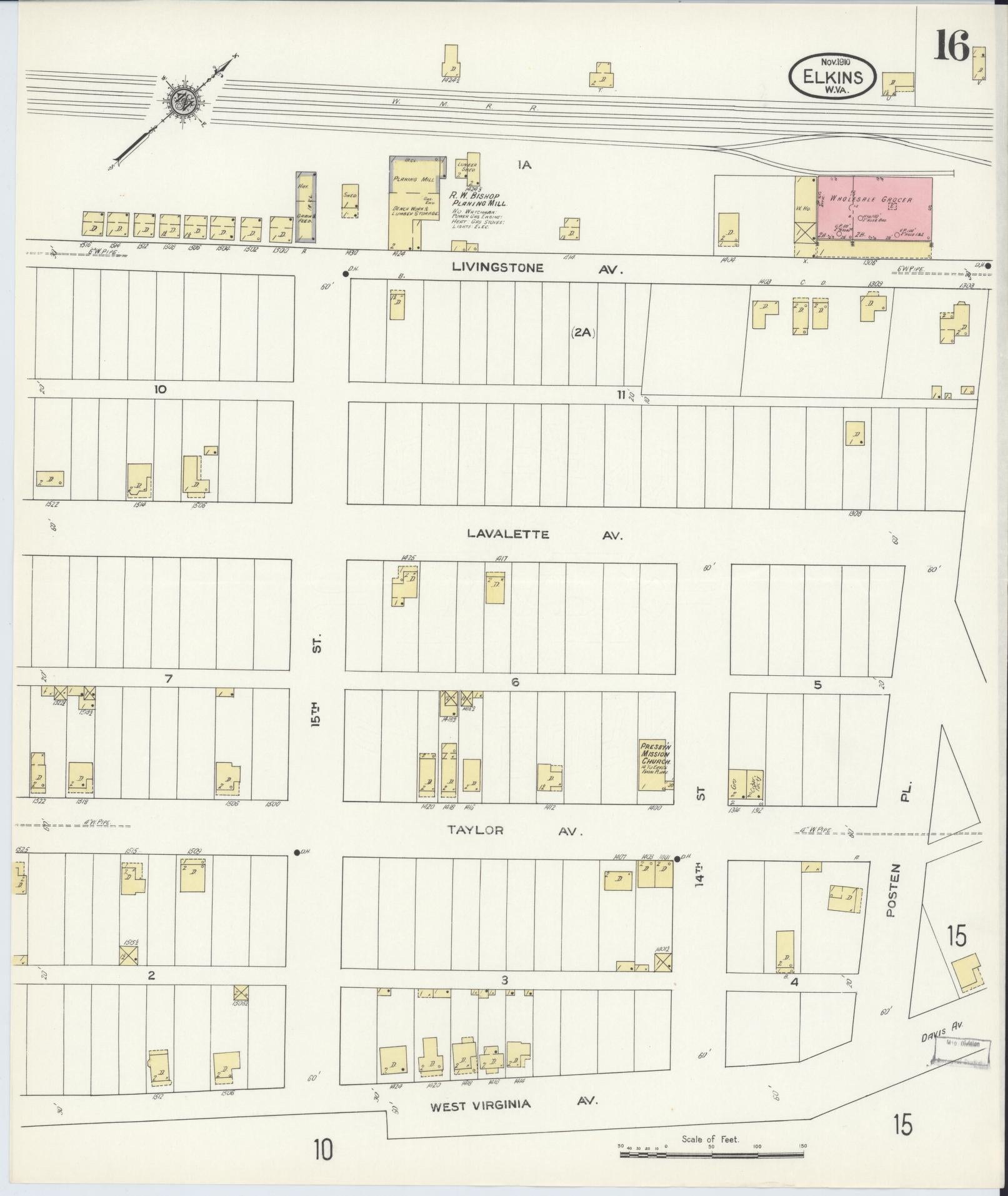 Sanborn Fire Insurance Map from Elkins, Randolph County, West Virginia (1910), Sheet #0016 - Complete Map Set gallery image, historic Sanborn map, vintage wall art, West Virginia West Virginia