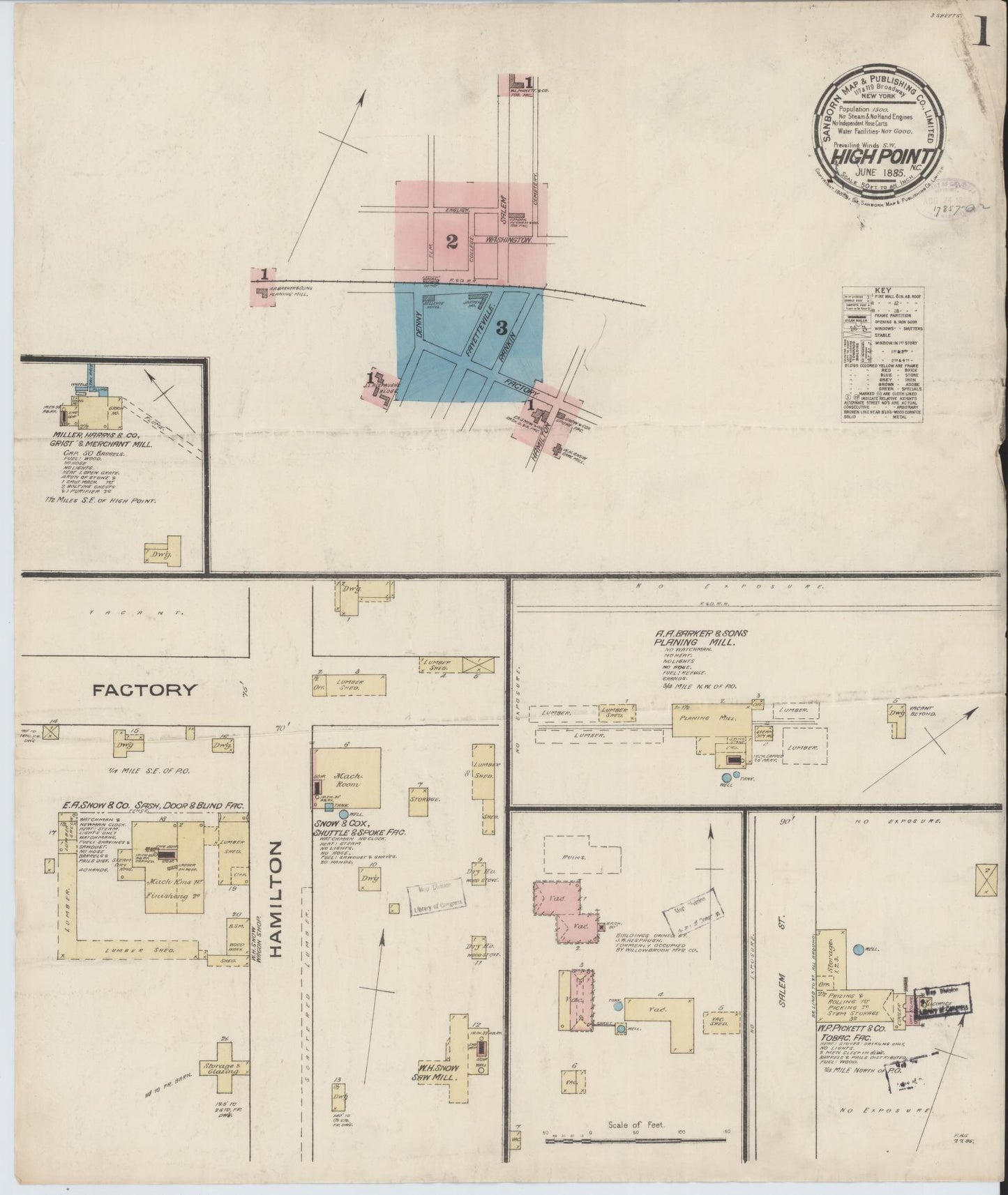 Sanborn Fire Insurance Map from High Point, Guilford County, North Carolina (1885), Sheet #0001 - Historic Sanborn Fire Insurance Map Print, vintage old map wall art, antique decor, genealogy gift, North Carolina North Carolina map