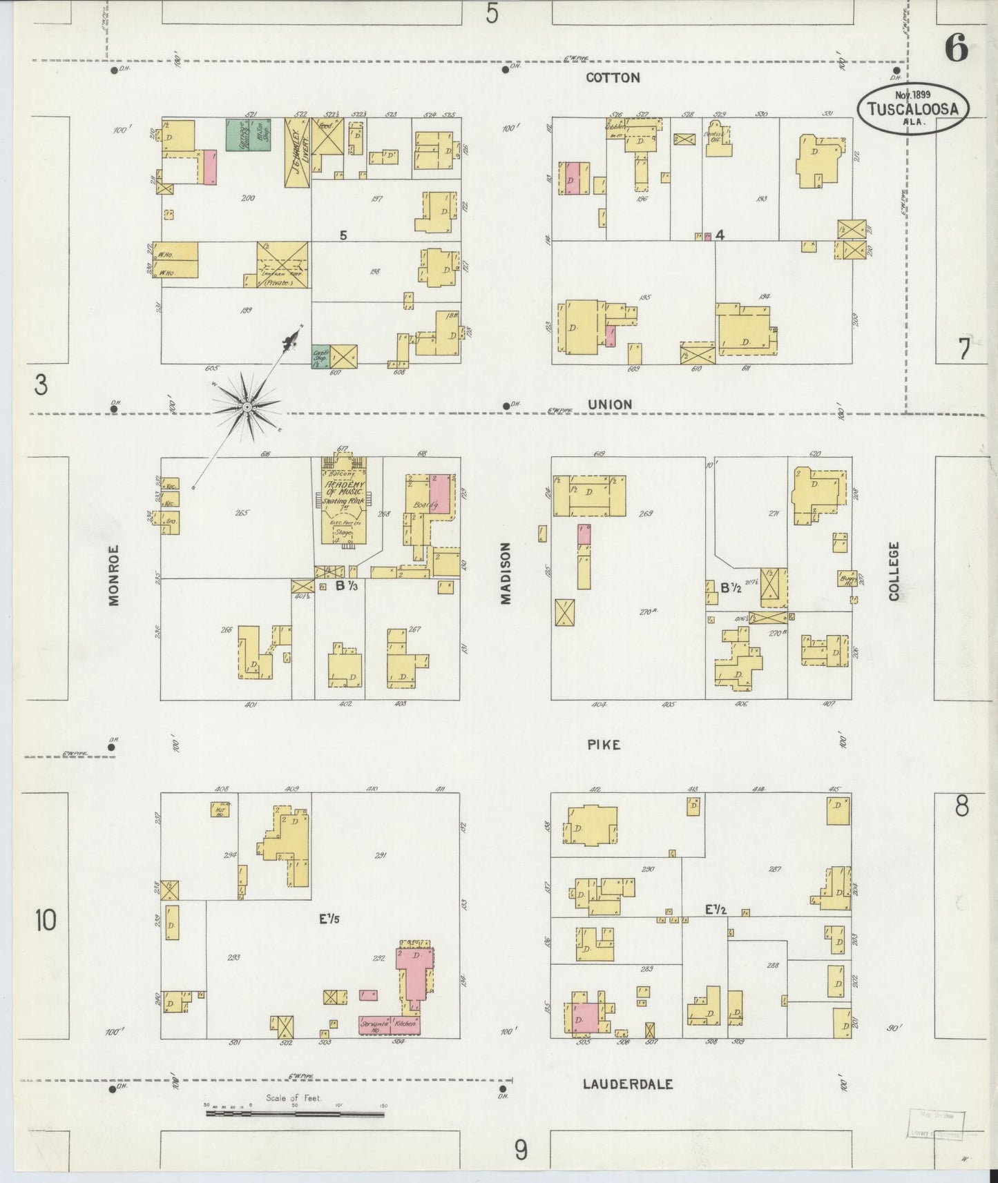 Sanborn Fire Insurance Map from Tuscaloosa, Tuscaloosa County, Alabama (1899), Sheet #0006 - Historic Sanborn Fire Insurance Map Print, vintage old map wall art, antique decor, genealogy gift, Alabama Alabama map