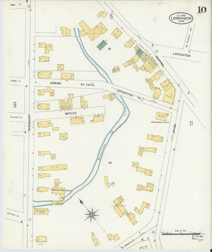 Sanborn Fire Insurance Map from Leominster, Worcester County, Massachusetts (1906), Sheet #0010 - Historic Sanborn Fire Insurance Map Print, vintage old map wall art, antique decor, genealogy gift, Massachusetts Massachusetts map