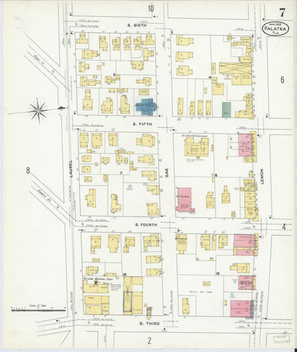 Sanborn Fire Insurance Map from Palatka, Putnam County, Florida (1909), Sheet #0007 - Complete Map Set gallery image, historic Sanborn map, vintage wall art, Florida Florida