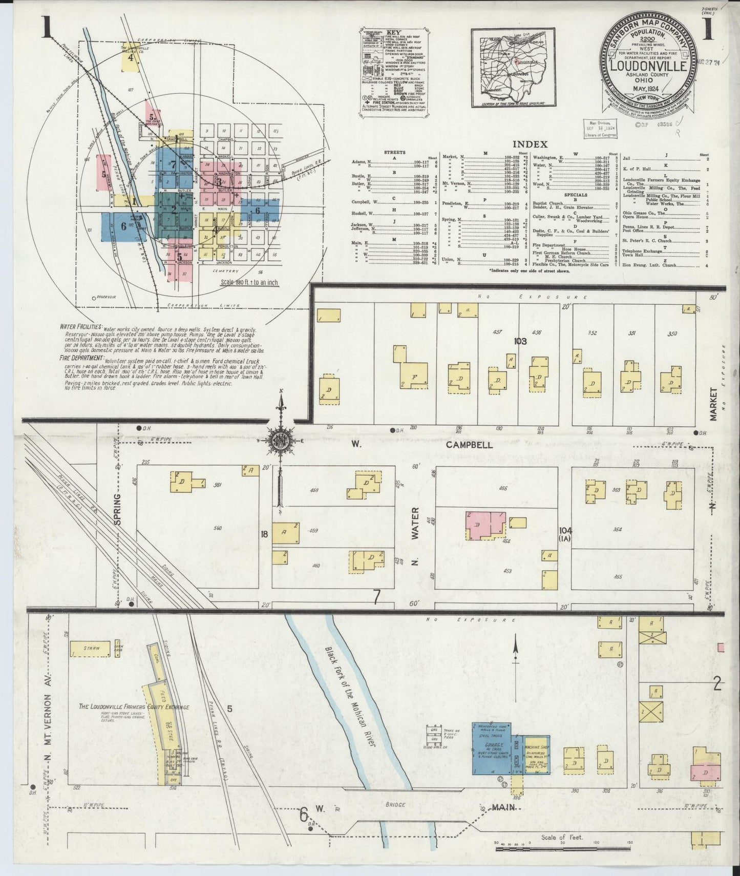 Sanborn Fire Insurance Map from Loudonville, Ashland County, Ohio (1924), Sheet #0001 - Complete Map Set gallery image, historic Sanborn map, vintage wall art, Ohio Ohio