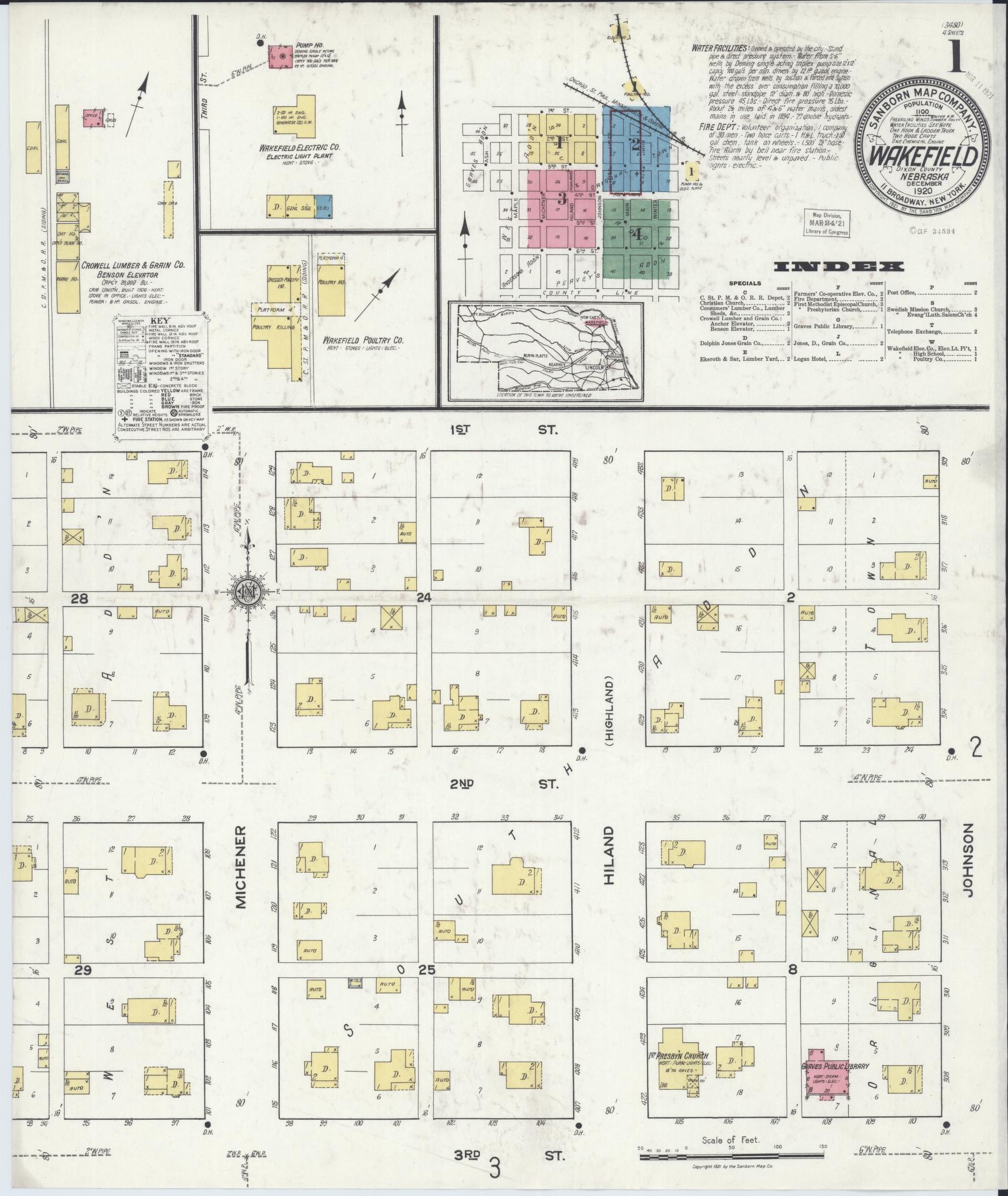 Sanborn Fire Insurance Map from Wakefield, Dixon County, Nebraska (1920), Sheet #0001 - Complete Map Set gallery image, historic Sanborn map, vintage wall art, Nebraska Nebraska