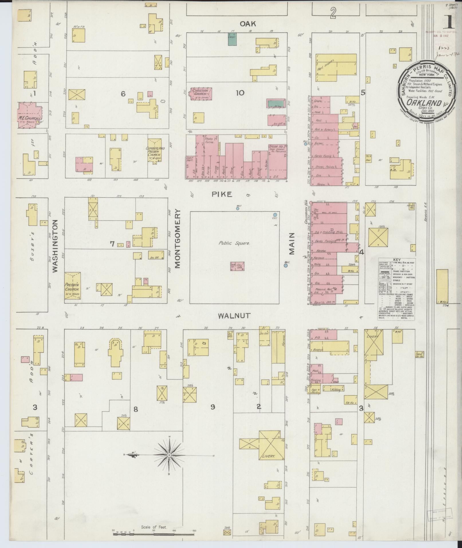 Sanborn Fire Insurance Map from Oakland, Coles County, Illinois (1893), Sheet #0001 - Complete Map Set gallery image, historic Sanborn map, vintage wall art, Illinois Illinois