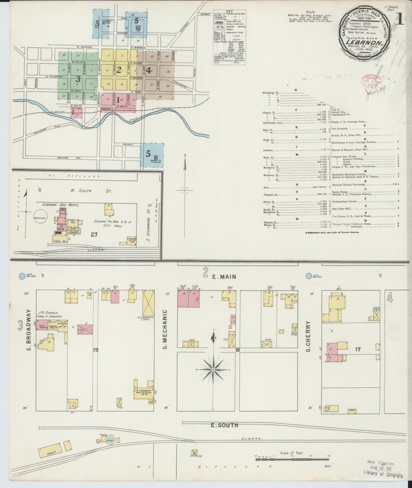 Sanborn Fire Insurance Map from Lebanon, Warren County, Ohio (1895), Sheet #0001 - Historic Sanborn Fire Insurance Map Print, vintage old map wall art, antique decor, genealogy gift, Ohio Ohio map