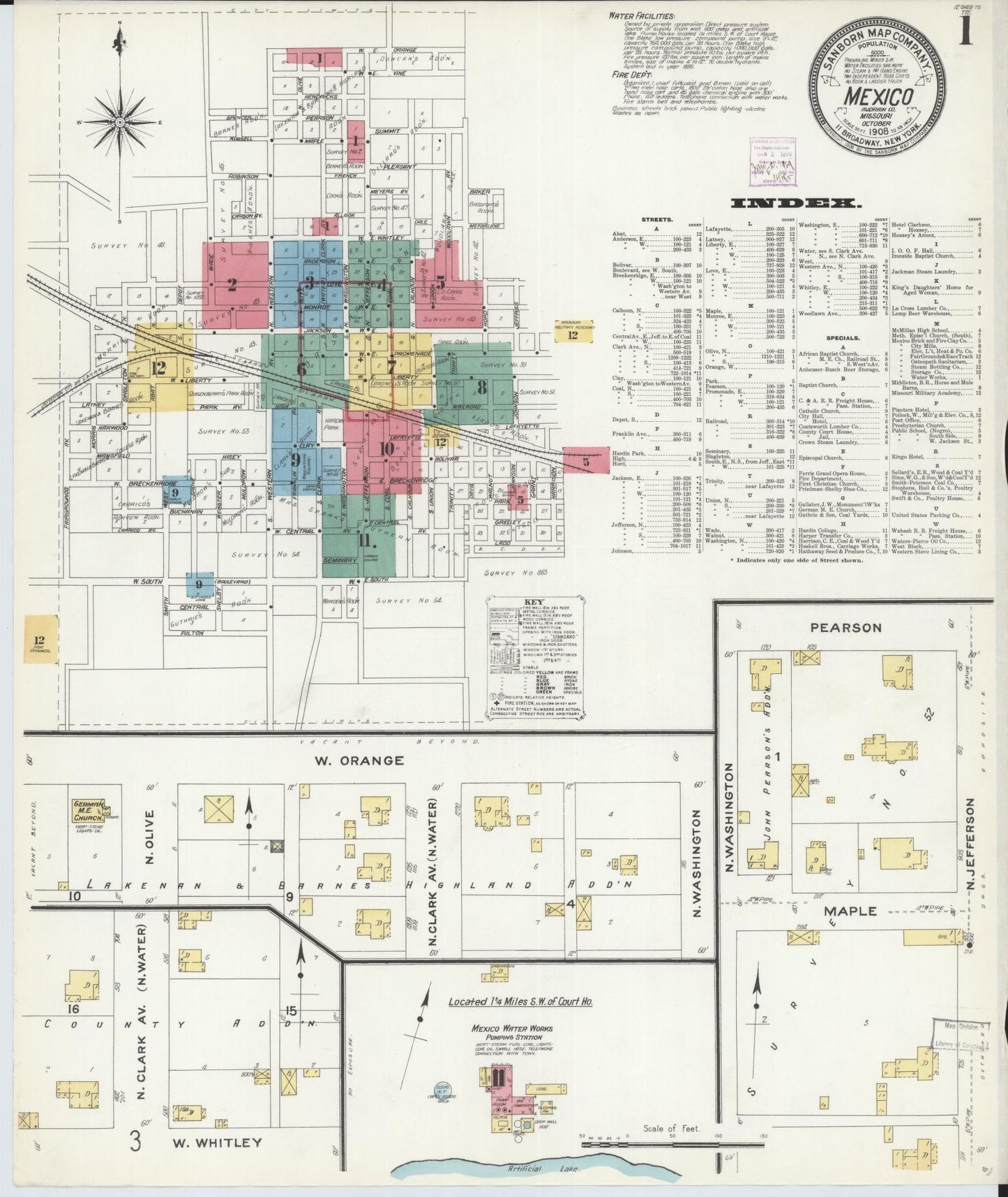 Sanborn Fire Insurance Map from Mexico, Audrain County, Missouri (1908), Sheet #0001 - Historic Sanborn Fire Insurance Map Print, vintage old map wall art, antique decor, genealogy gift, Missouri Missouri map