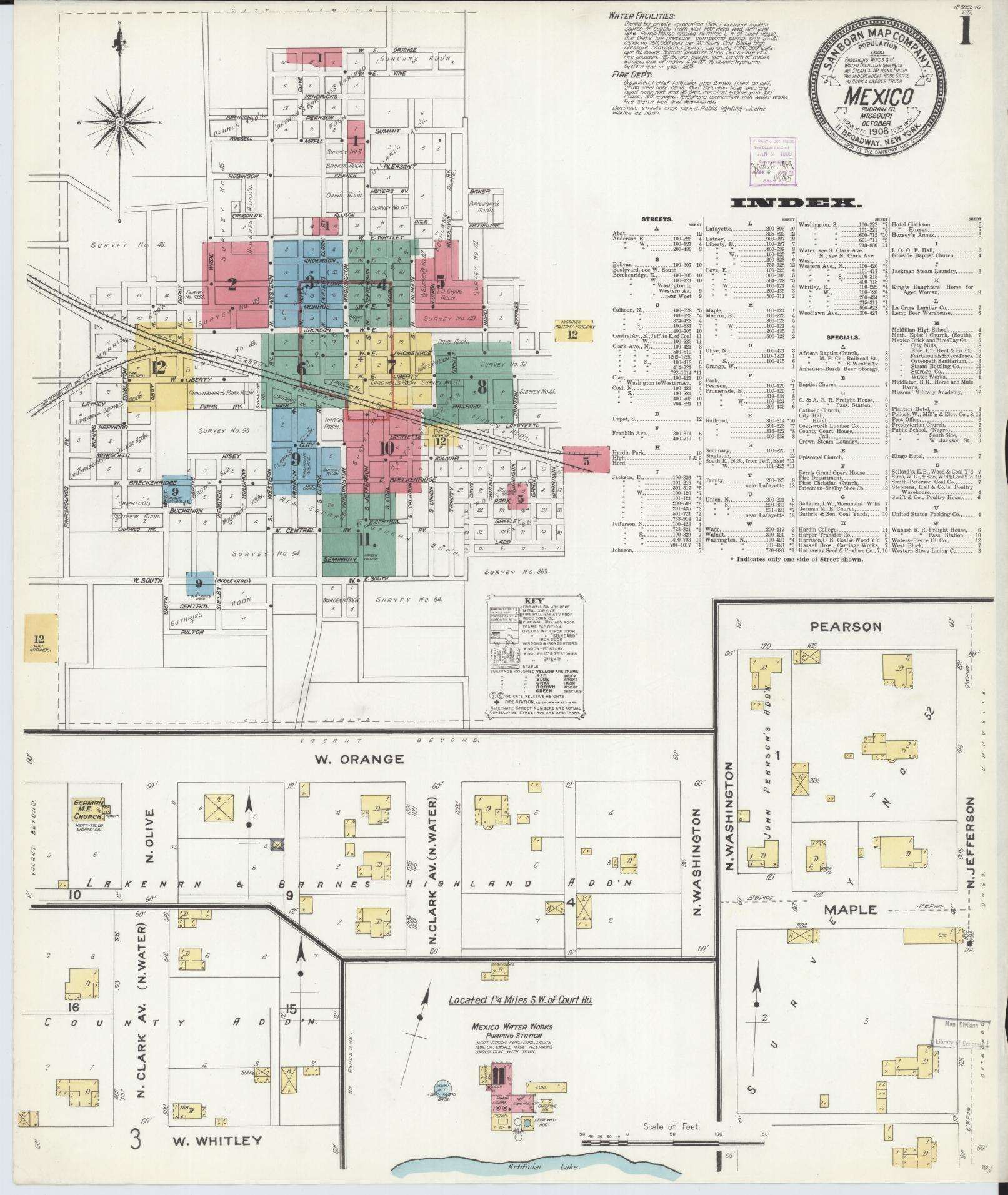 Sanborn Fire Insurance Map from Mexico, Audrain County, Missouri (1908), Sheet #0001 - Historic Sanborn Fire Insurance Map Print, vintage old map wall art, antique decor, genealogy gift, Missouri Missouri map