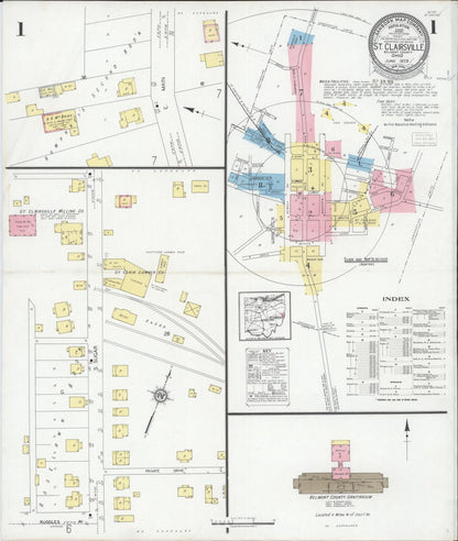 Sanborn Fire Insurance Map from Saint Clairsville, Belmont County, Ohio (1929), Sheet #0001 - Historic Sanborn Fire Insurance Map Print, vintage old map wall art, antique decor, genealogy gift, Ohio Ohio map
