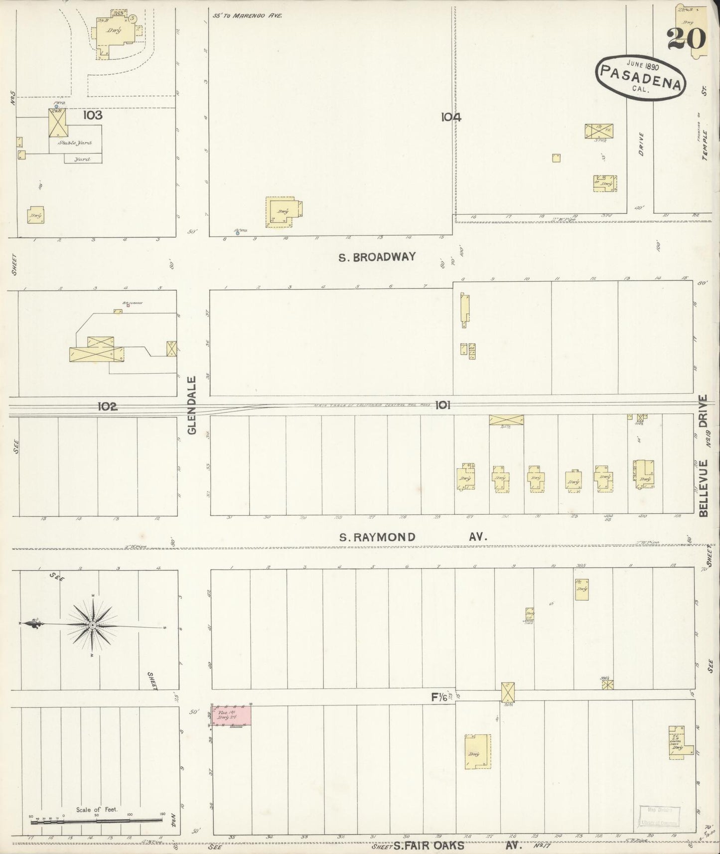 Sanborn Fire Insurance Map from Pasadena, Los Angeles County, California (1890), Sheet #0020 - Complete Map Set gallery image, historic Sanborn map, vintage wall art, California California