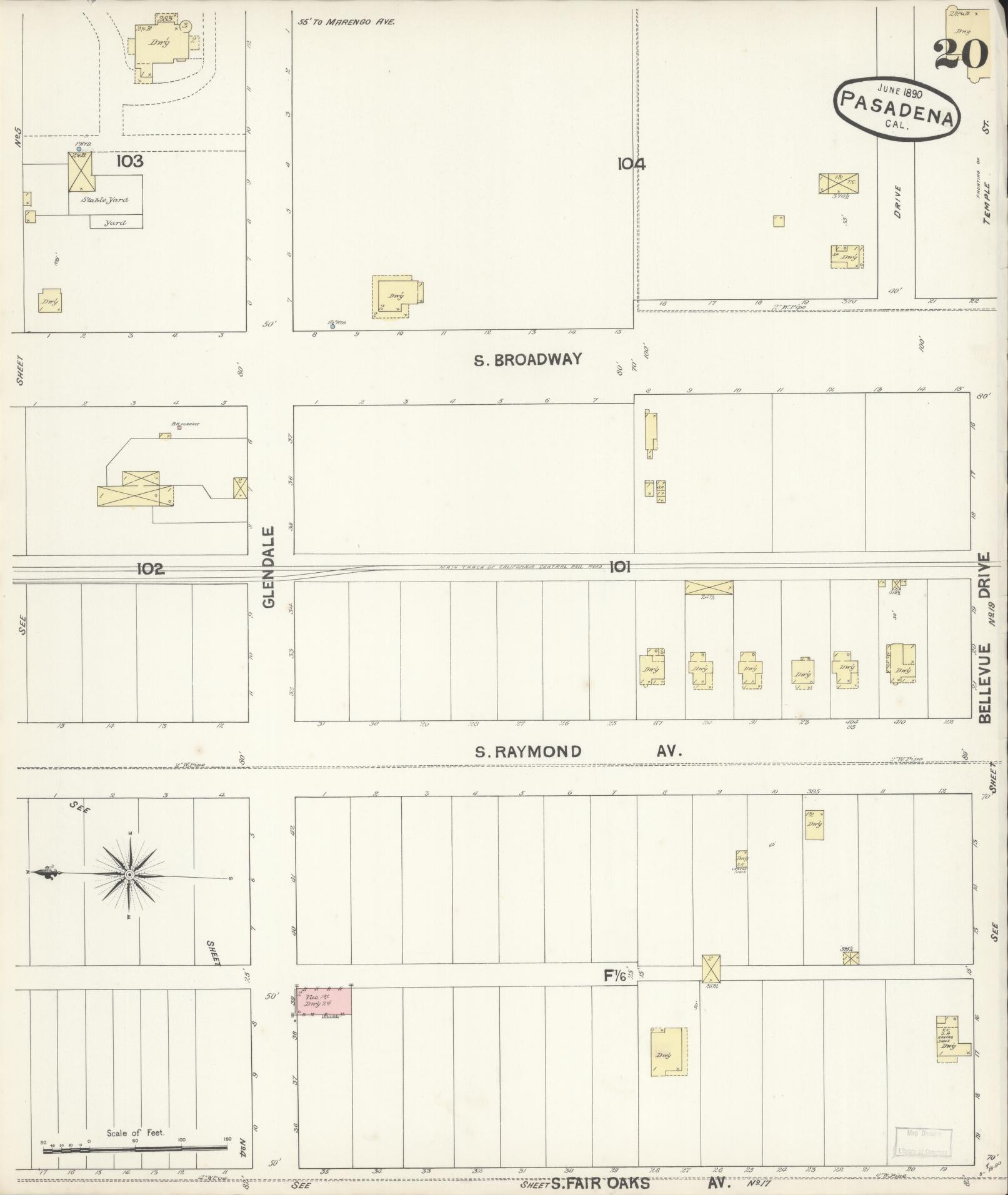 Sanborn Fire Insurance Map from Pasadena, Los Angeles County, California (1890), Sheet #0020 - Complete Map Set gallery image, historic Sanborn map, vintage wall art, California California