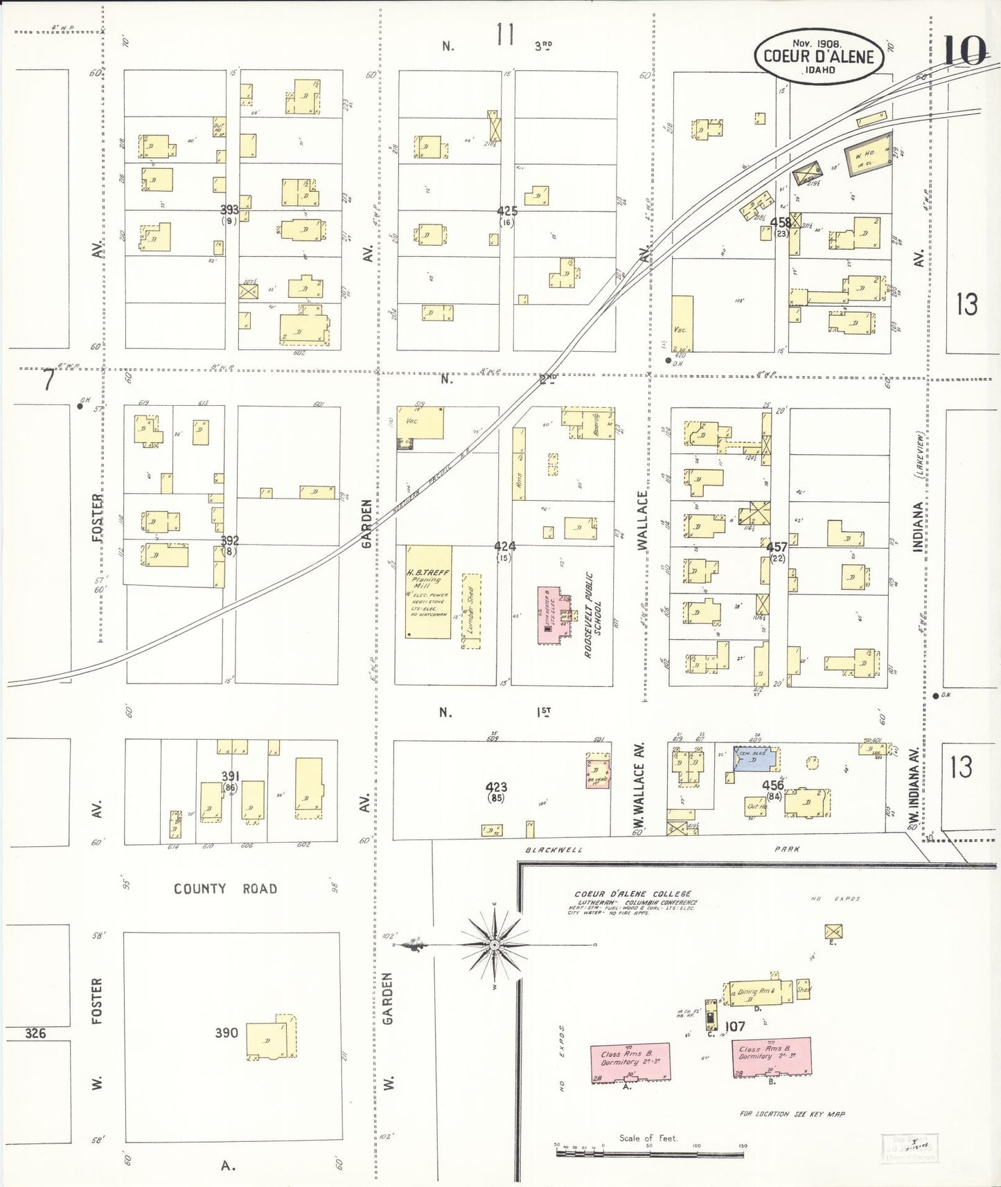 Sanborn Fire Insurance Map from Coeur D'alene, Kootenai County, Idaho (1908), Sheet #0010 - Complete Map Set gallery image, historic Sanborn map, vintage wall art, Idaho Idaho