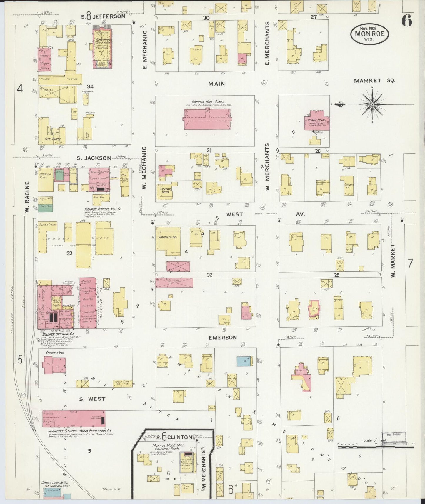 Sanborn Fire Insurance Map from Monroe, Green County, Wisconsin (1908), Sheet #0006 - Complete Map Set gallery image, historic Sanborn map, vintage wall art, Wisconsin Wisconsin