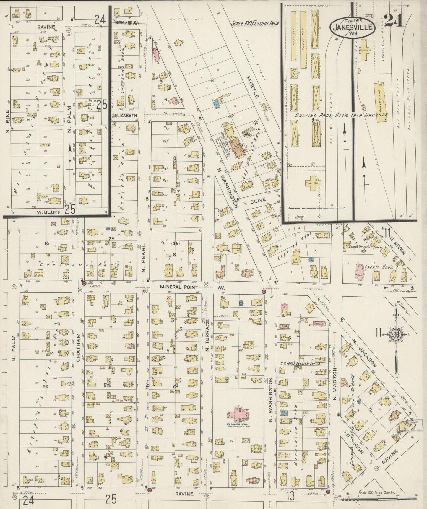 Sanborn Fire Insurance Map from Janesville, Rock County, Wisconsin (1915), Sheet #0024 - Historic Sanborn Fire Insurance Map Print, vintage old map wall art, antique decor, genealogy gift, Wisconsin Wisconsin map