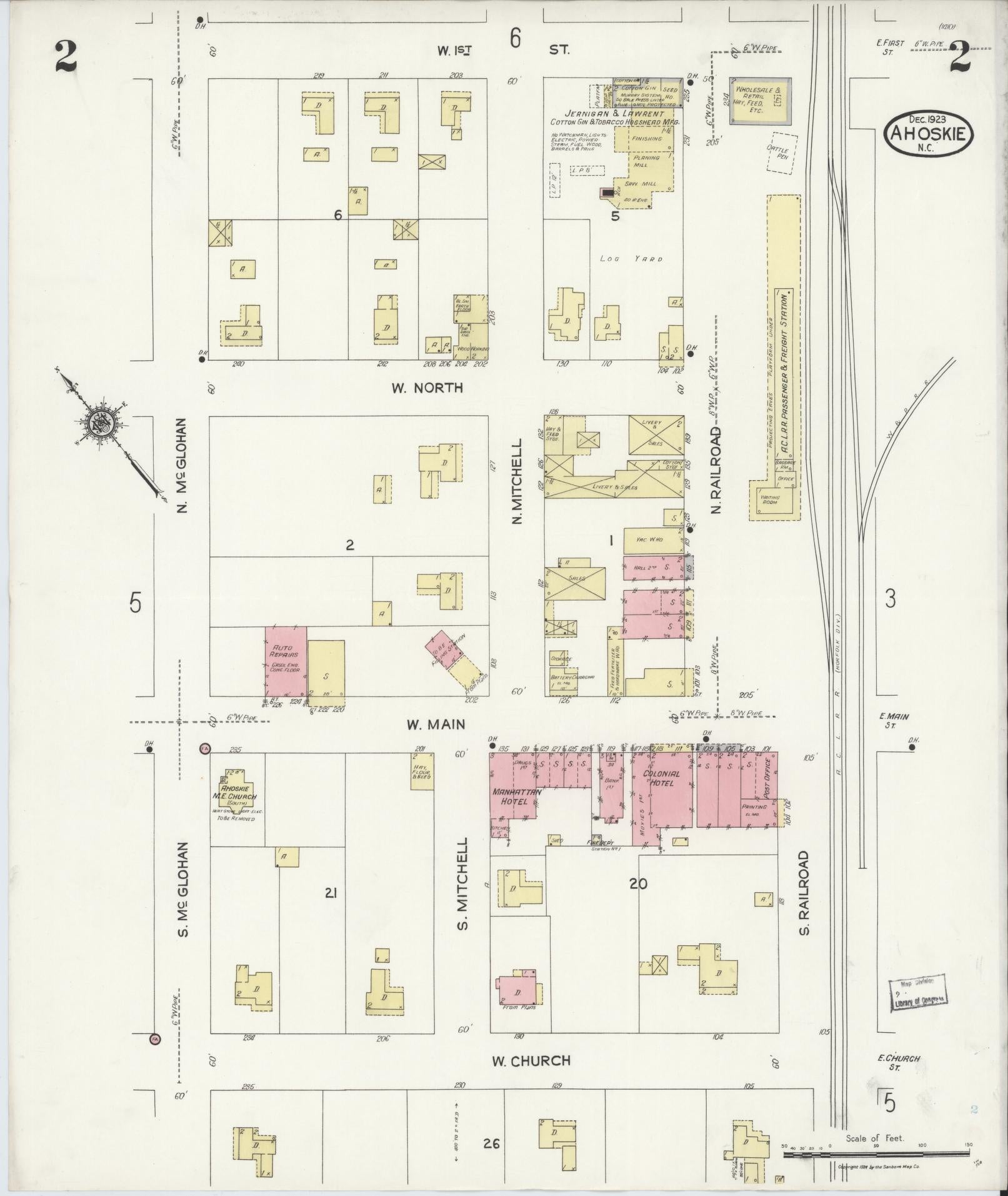 Sanborn Fire Insurance Map from Ahoskie, Hertford County, North Carolina (1923), Sheet #0002 - Complete Map Set gallery image, historic Sanborn map, vintage wall art, North Carolina North Carolina
