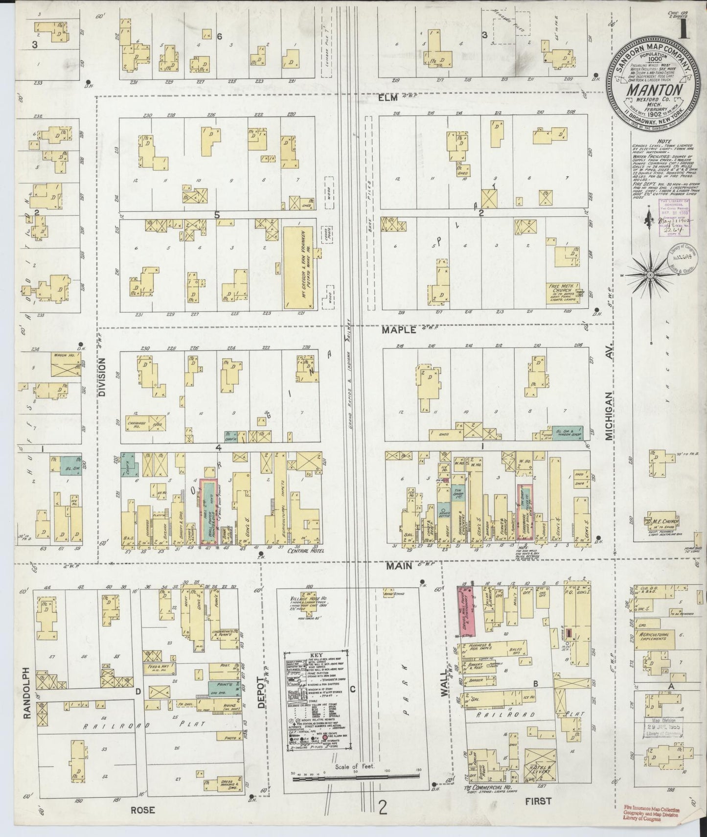 Sanborn Fire Insurance Map from Manton, Wexford County, Michigan (1902), Sheet #0001 - Complete Map Set gallery image, historic Sanborn map, vintage wall art, Michigan Michigan