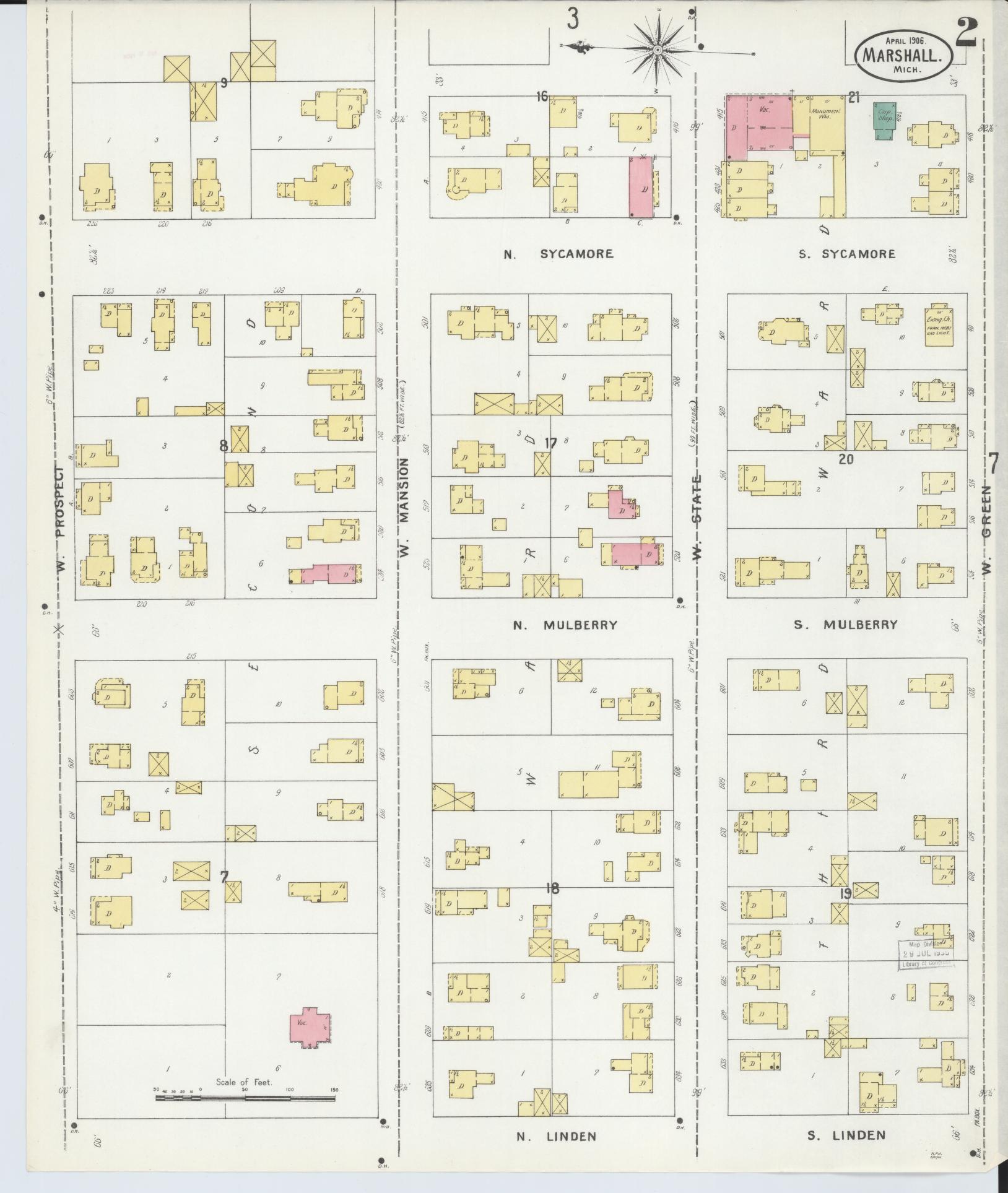 Sanborn Fire Insurance Map from Marshall, Calhoun County, Michigan (1906), Sheet #0002 - Complete Map Set gallery image, historic Sanborn map, vintage wall art, Michigan Michigan