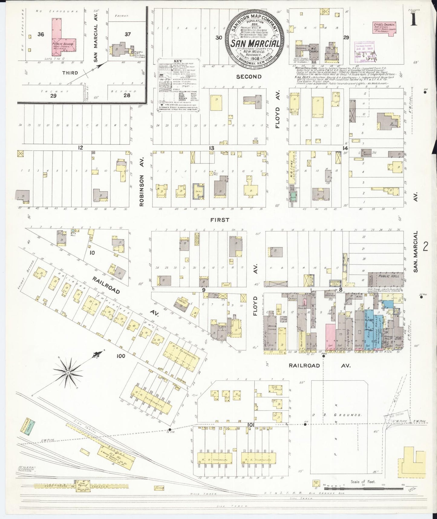 Sanborn Fire Insurance Map from San Marcial, Socorro County, New Mexico (1908), Sheet #0001 - Historic Sanborn Fire Insurance Map Print, vintage old map wall art, antique decor, genealogy gift, New Mexico New Mexico map