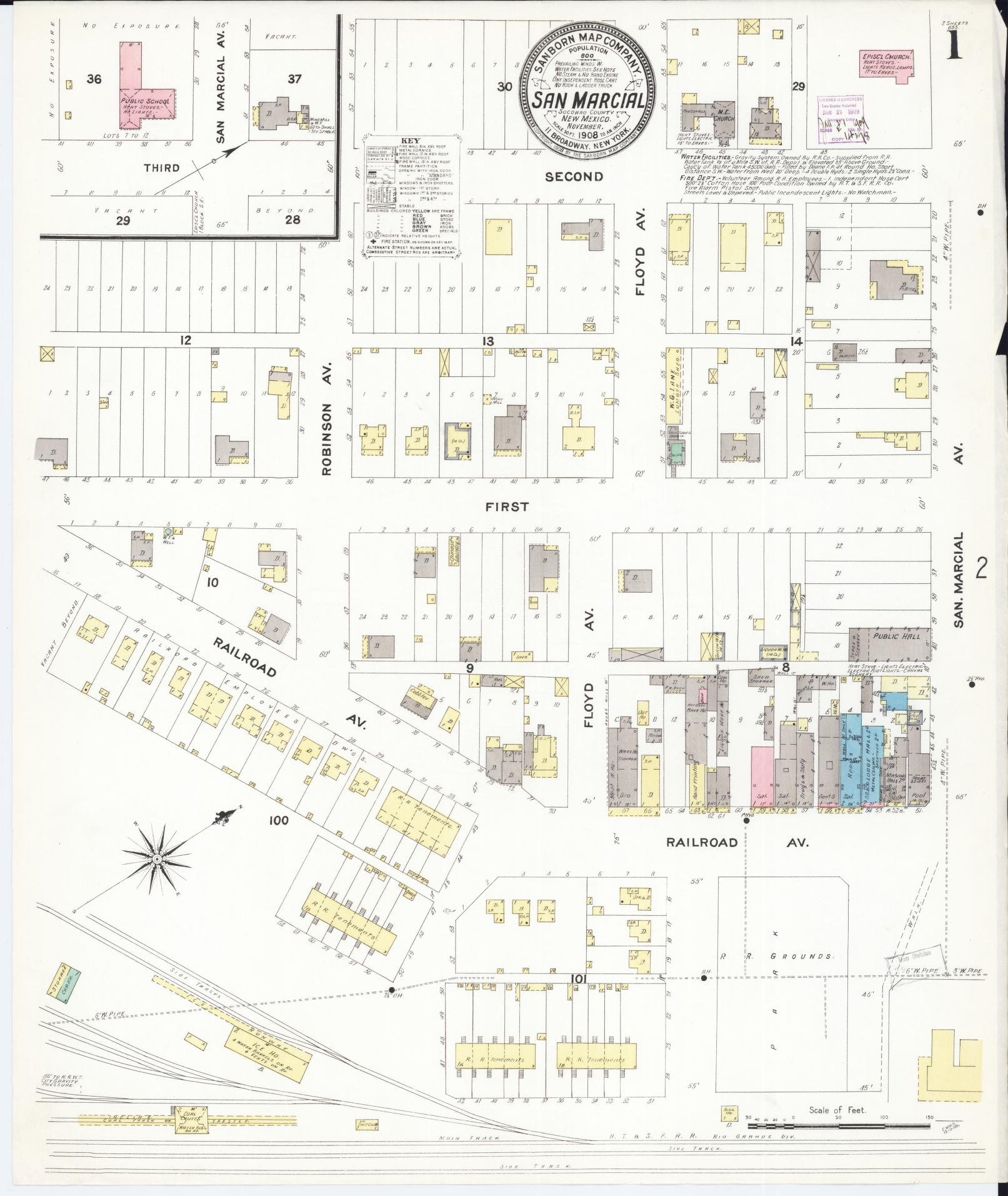 Sanborn Fire Insurance Map from San Marcial, Socorro County, New Mexico (1908), Sheet #0001 - Historic Sanborn Fire Insurance Map Print, vintage old map wall art, antique decor, genealogy gift, New Mexico New Mexico map