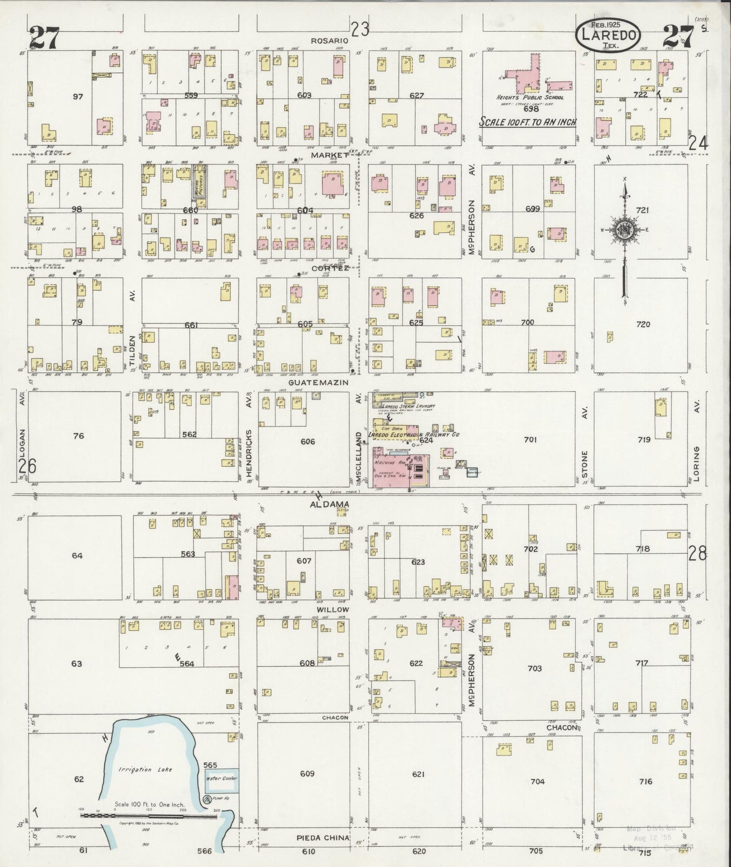 Sanborn Fire Insurance Map from Laredo, Webb County, Texas (1925), Sheet #0027 - Historic Sanborn Fire Insurance Map Print, vintage old map wall art, antique decor, genealogy gift, Texas Texas map