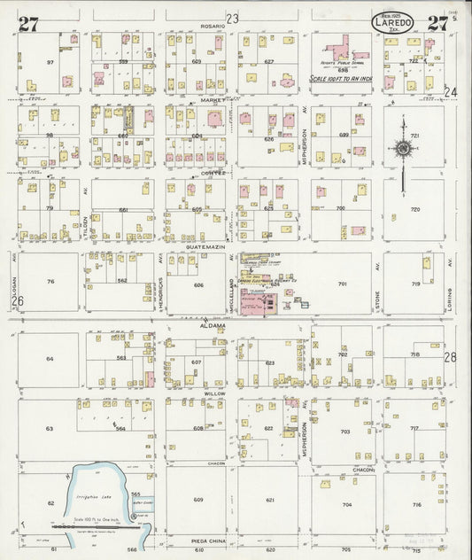 Sanborn Fire Insurance Map from Laredo, Webb County, Texas (1925), Sheet #0027 - Historic Sanborn Fire Insurance Map Print, vintage old map wall art, antique decor, genealogy gift, Texas Texas map