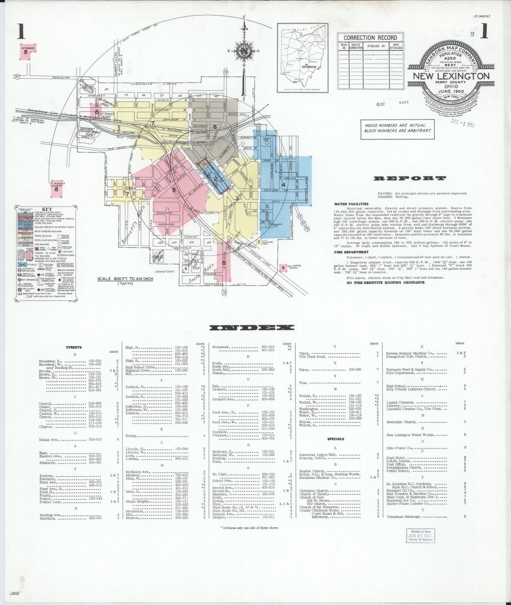 Sanborn Fire Insurance Map from New Lexington, Perry County, Ohio (1950), Sheet #0001 - Historic Sanborn Fire Insurance Map Print, vintage old map wall art, antique decor, genealogy gift, Ohio Ohio map