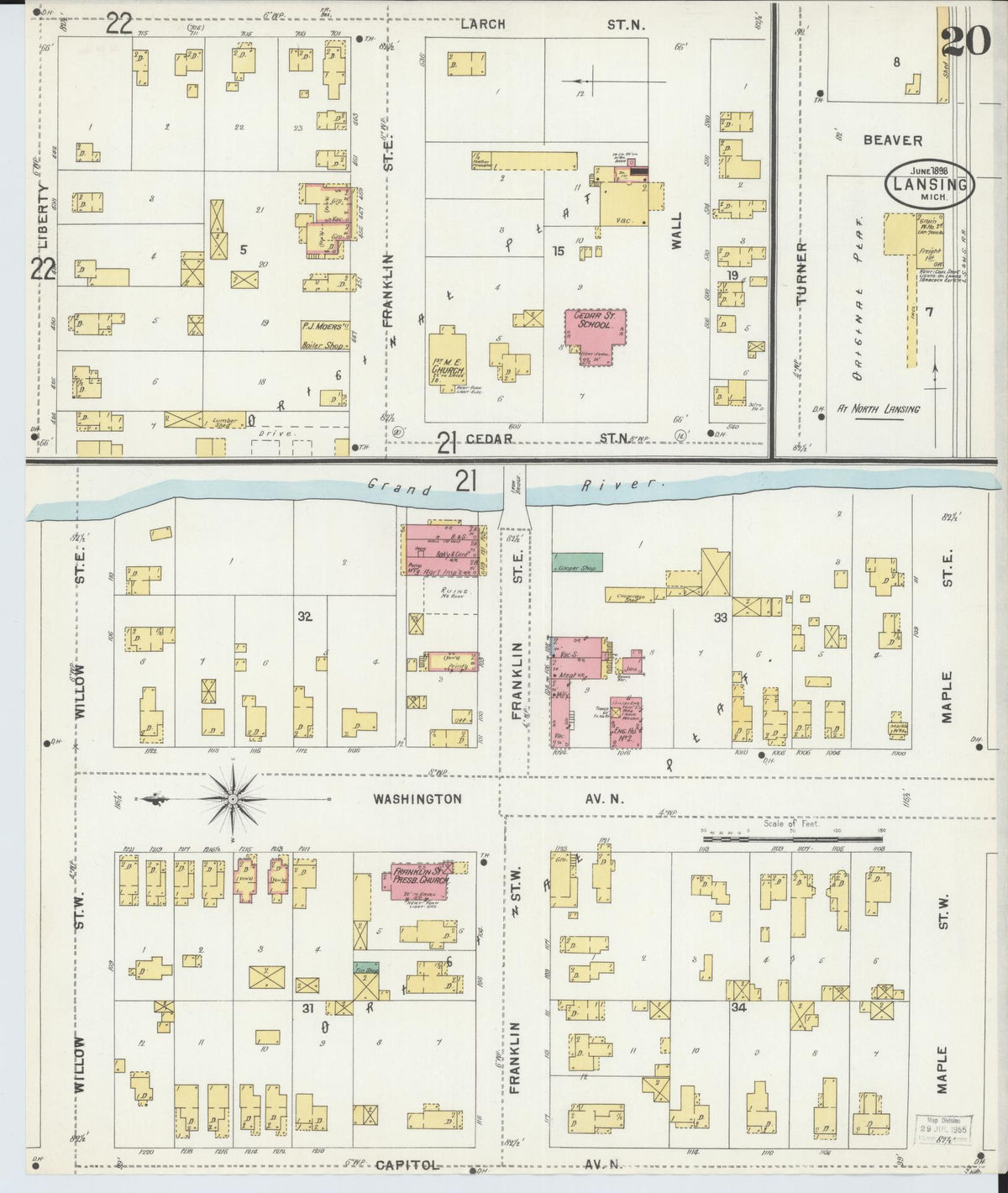Sanborn Fire Insurance Map from Lansing, Ingham County, Michigan (1898), Sheet #0020 - Historic Sanborn Fire Insurance Map Print, vintage old map wall art, antique decor, genealogy gift, Michigan Michigan map