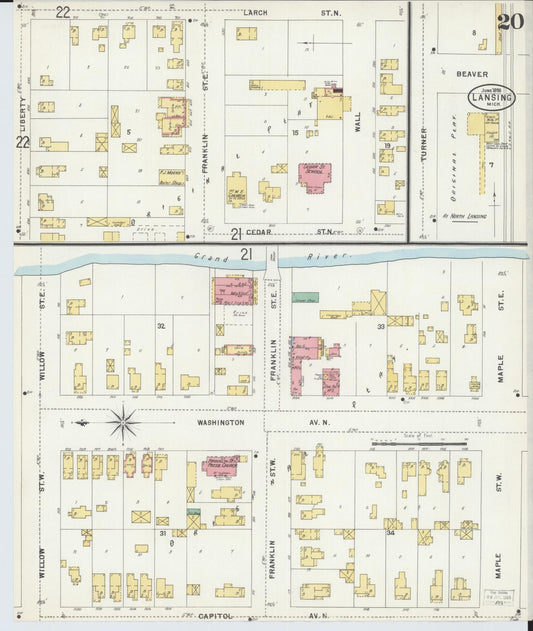 Sanborn Fire Insurance Map from Lansing, Ingham County, Michigan (1898), Sheet #0020 - Historic Sanborn Fire Insurance Map Print, vintage old map wall art, antique decor, genealogy gift, Michigan Michigan map