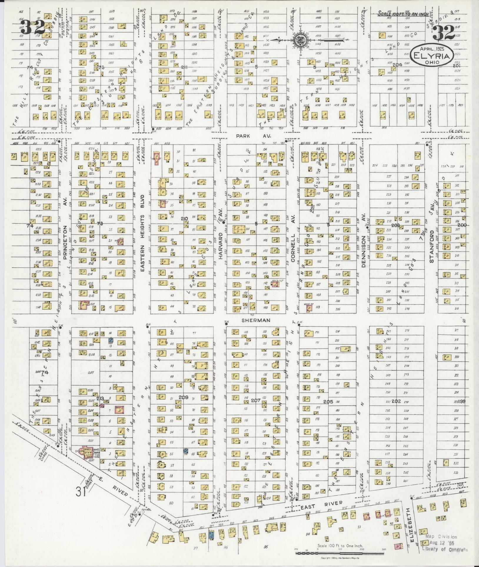 Sanborn Fire Insurance Map from Elyria, Lorain County, Ohio (1925), Sheet #0032 - Historic Sanborn Fire Insurance Map Print, vintage old map wall art, antique decor, genealogy gift, Ohio Ohio map