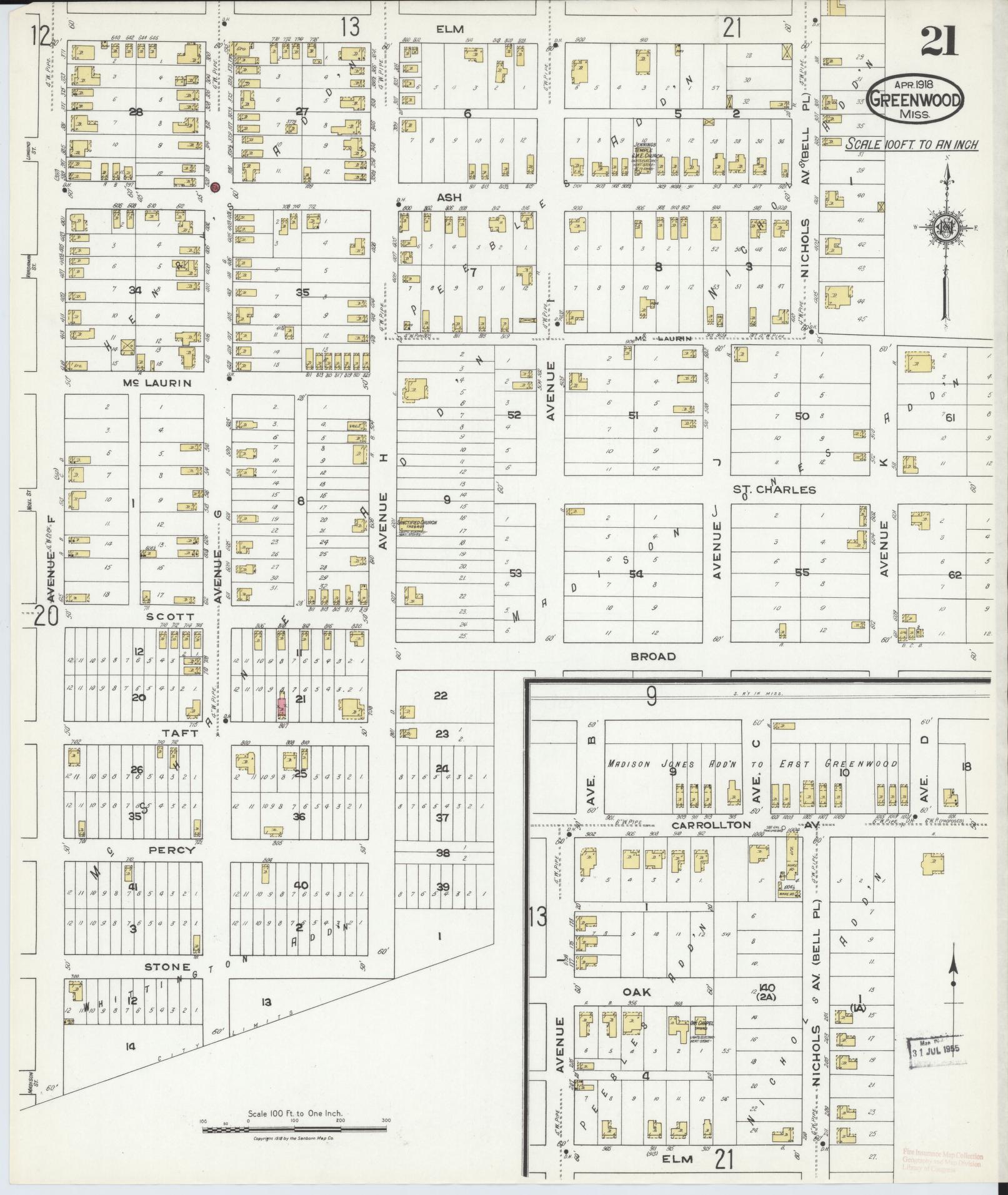 Sanborn Fire Insurance Map from Greenwood, Leflore County, Mississippi (1918), Sheet #0021 - Complete Map Set gallery image, historic Sanborn map, vintage wall art, Mississippi Mississippi