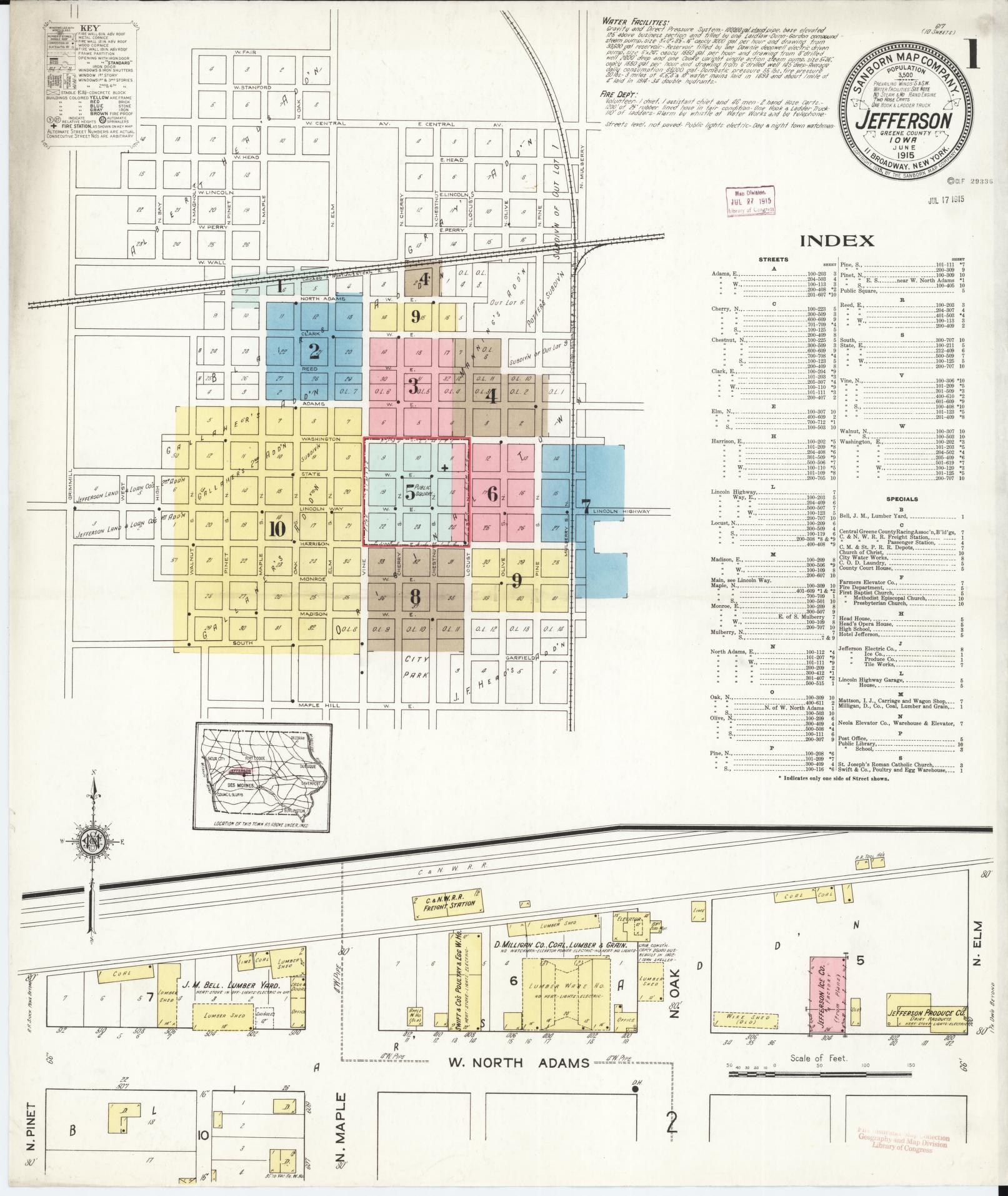 Sanborn Fire Insurance Map from Jefferson, Greene County, Iowa (1915), Sheet #0001 - Historic Sanborn Fire Insurance Map Print