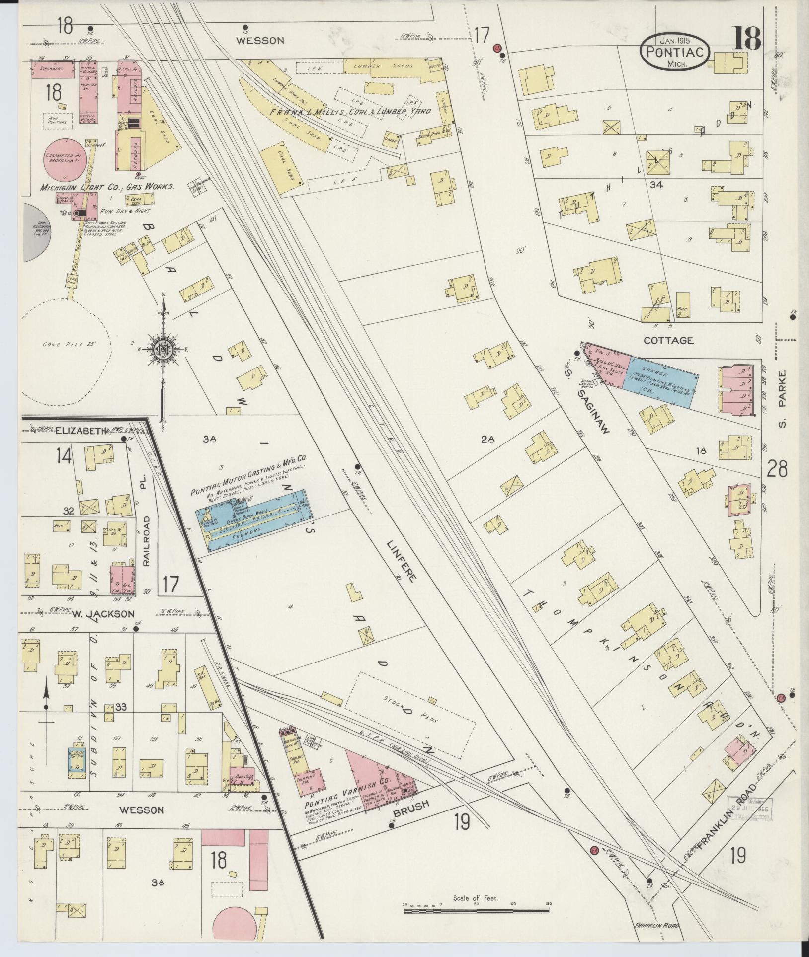 Sanborn Fire Insurance Map from Pontiac, Oakland County, Michigan (1915), Sheet #0018 - Complete Map Set gallery image, historic Sanborn map, vintage wall art, Michigan Michigan