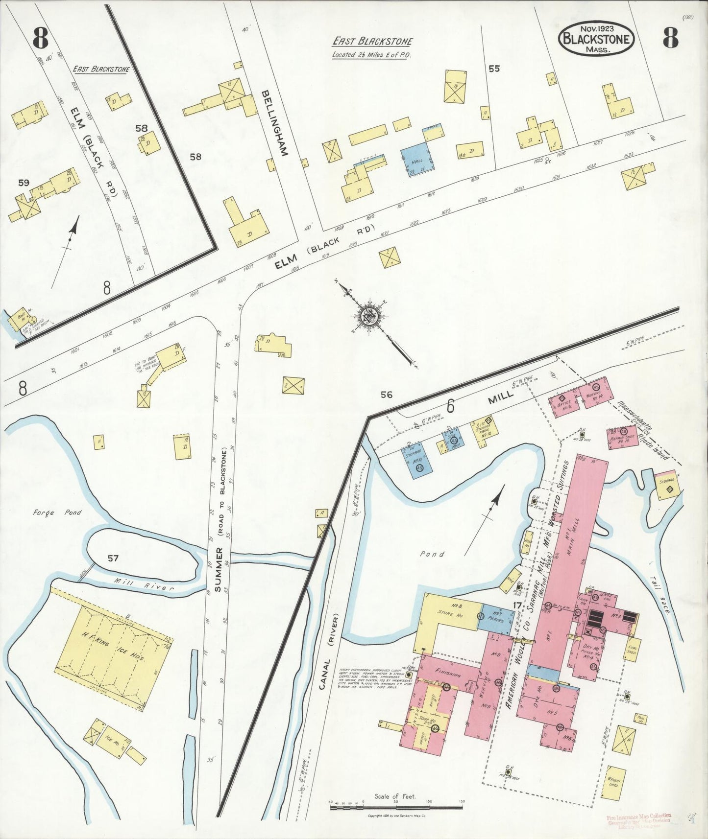 Sanborn Fire Insurance Map from Blackstone, Worcester County, Massachusetts (1923), Sheet #0008 - Historic Sanborn Fire Insurance Map Print, vintage old map wall art, antique decor, genealogy gift, Massachusetts Massachusetts map