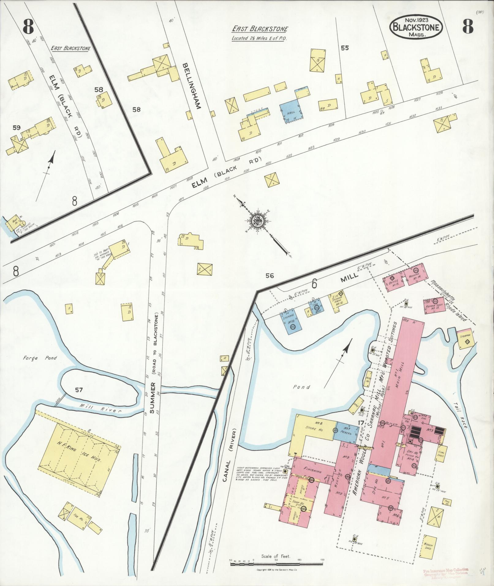 Sanborn Fire Insurance Map from Blackstone, Worcester County, Massachusetts (1923), Sheet #0008 - Historic Sanborn Fire Insurance Map Print, vintage old map wall art, antique decor, genealogy gift, Massachusetts Massachusetts map