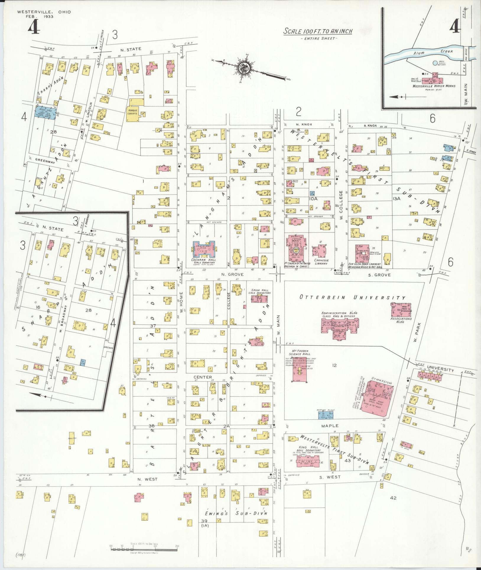 Sanborn Fire Insurance Map from Westerville, Franklin County, Ohio (1933), Sheet #0004 - Historic Sanborn Fire Insurance Map Print, vintage old map wall art, antique decor, genealogy gift, Ohio Ohio map