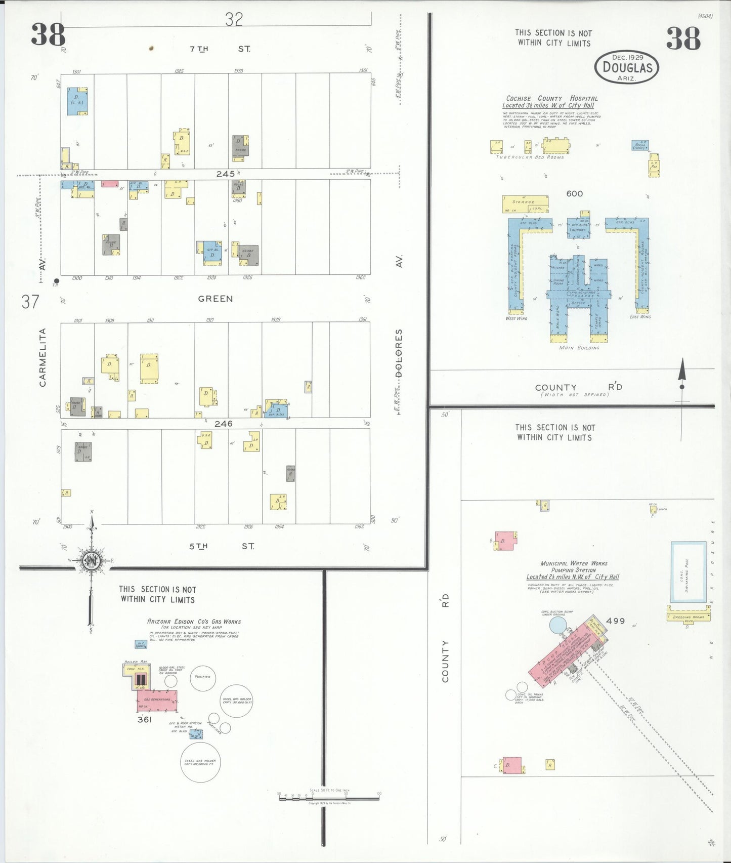 Sanborn Fire Insurance Map from Douglas, Cochise County, Arizona (1929), Sheet #0038 - Historic Sanborn Fire Insurance Map Print, vintage old map wall art, antique decor, genealogy gift, Arizona Arizona map