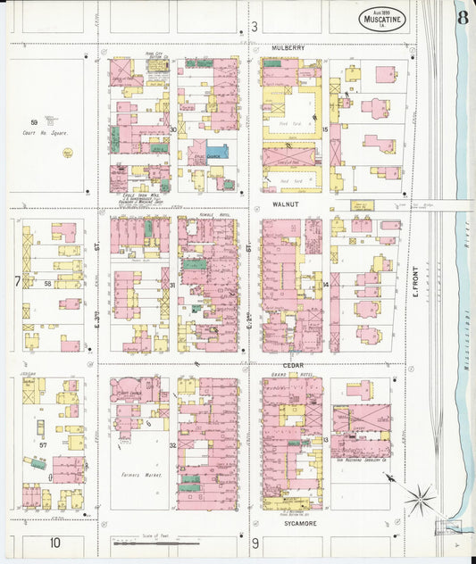 Sanborn Fire Insurance Map from Muscatine, Muscatine County, Iowa (1899), Sheet #0008 - Historic Sanborn Fire Insurance Map Print, vintage old map wall art