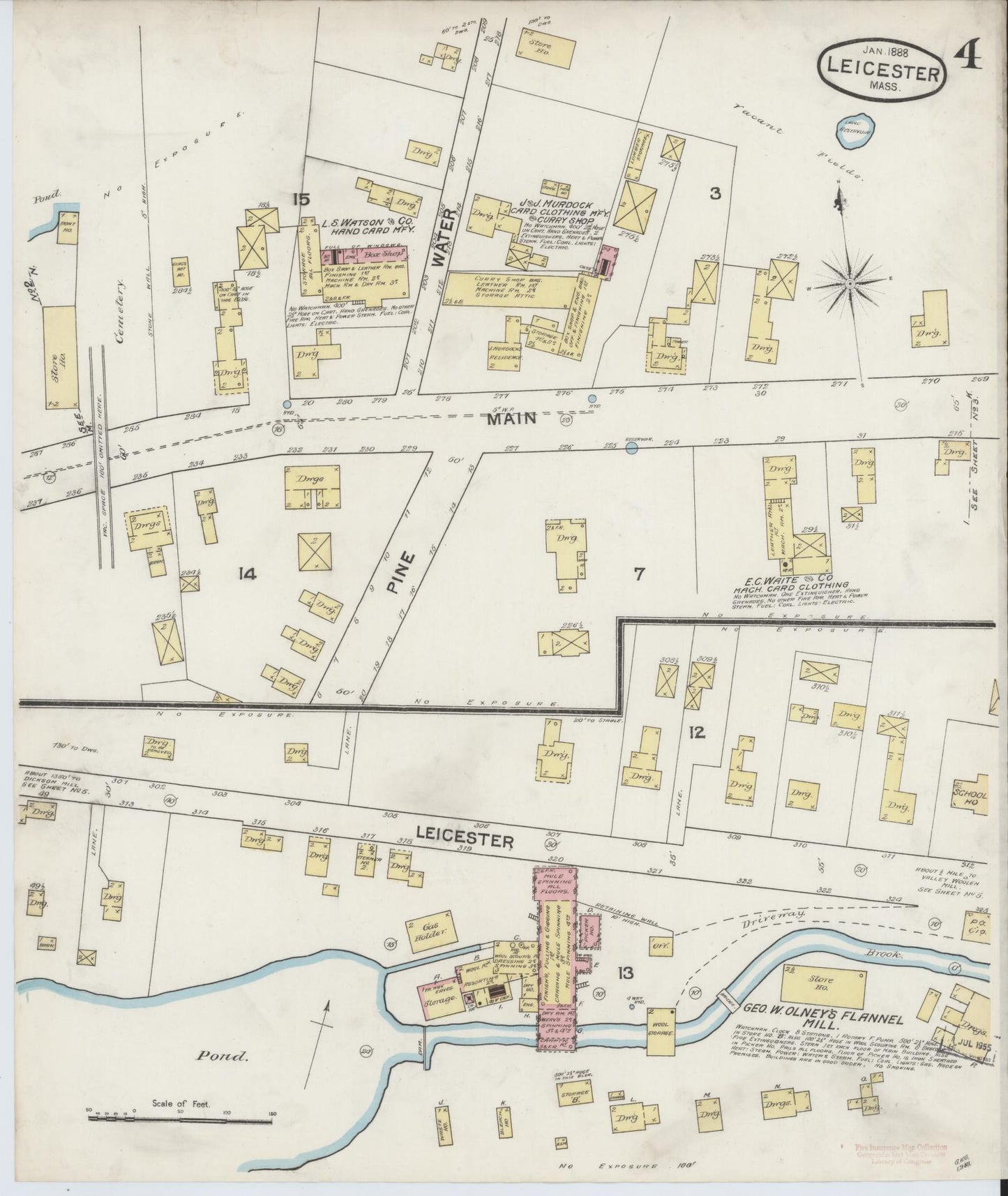Sanborn Fire Insurance Map from Leicester, Worcester County, Massachusetts (1888), Sheet #0004 - Historic Sanborn Fire Insurance Map Print, vintage old map wall art, antique decor, genealogy gift, Massachusetts Massachusetts map
