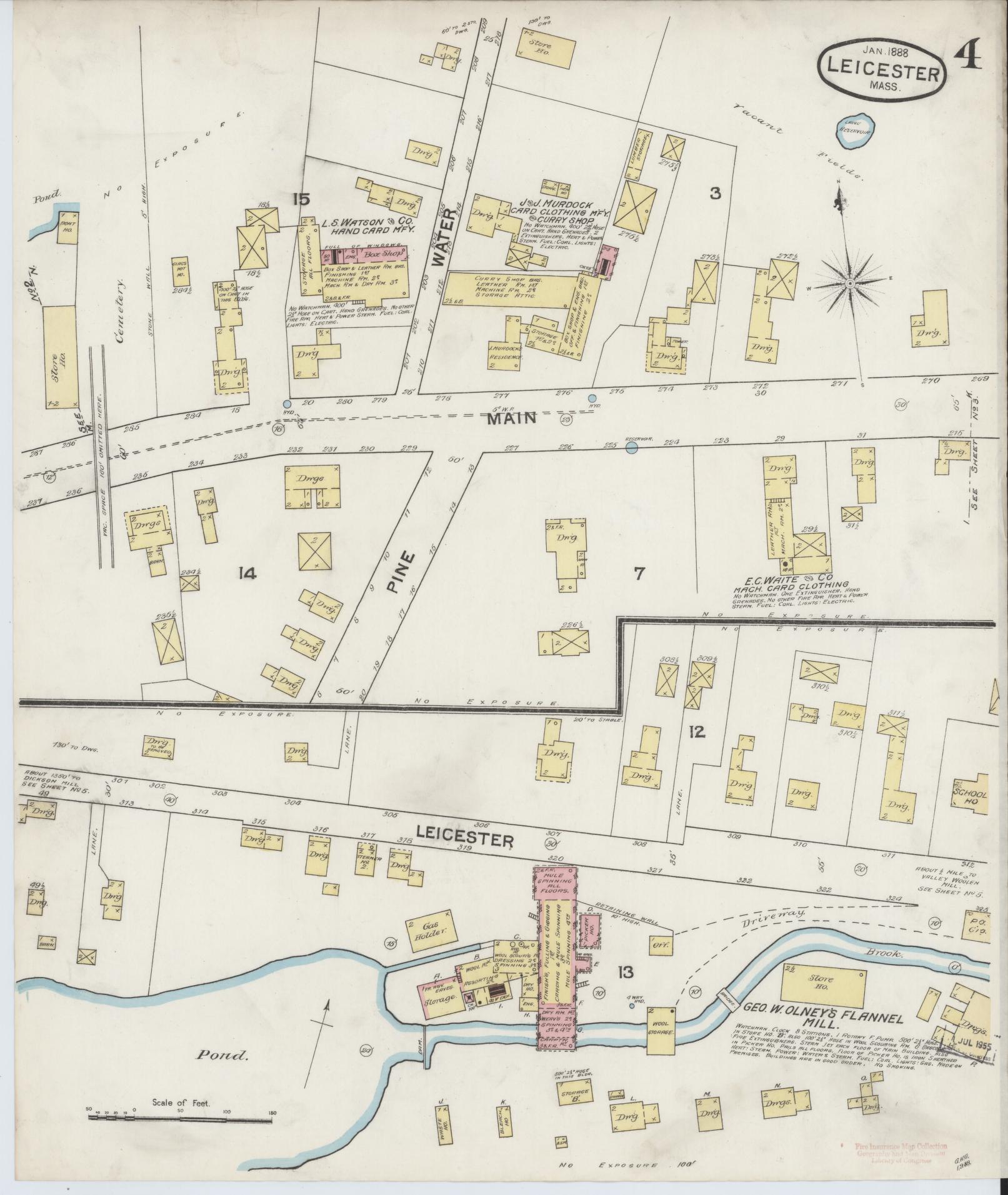 Sanborn Fire Insurance Map from Leicester, Worcester County, Massachusetts (1888), Sheet #0004 - Historic Sanborn Fire Insurance Map Print, vintage old map wall art, antique decor, genealogy gift, Massachusetts Massachusetts map