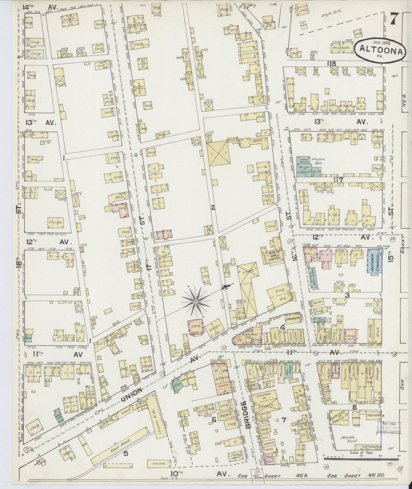 Sanborn Fire Insurance Map from Altoona, Blair County, Pennsylvania (1888), Sheet #0007 - Historic Sanborn Fire Insurance Map Print, vintage old map wall art, antique decor, genealogy gift, Pennsylvania Pennsylvania map